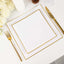 10-Pack Plastic 8" Square Dessert Plates in White Concave Style with Gold Rim - Modern Disposable Salad Appetizer Party Plates for Weddings & Special Events