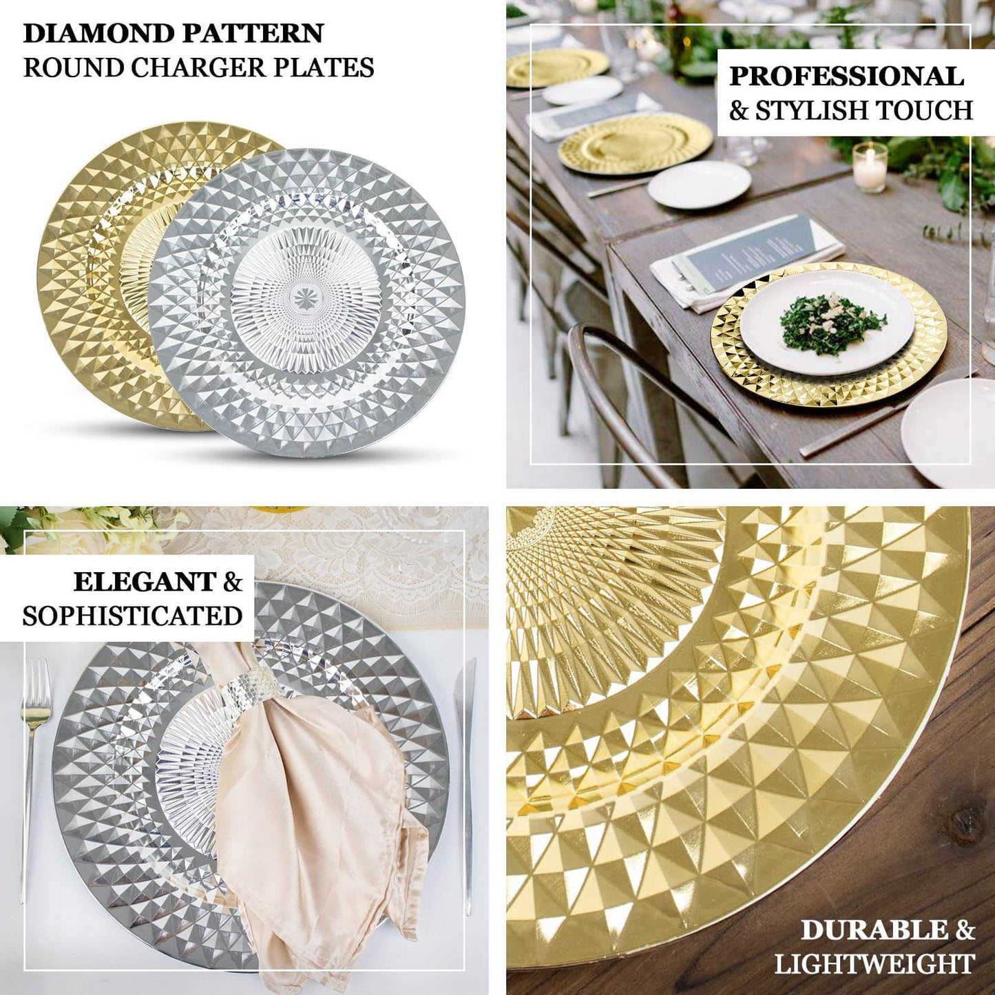 6-Pack Plastic Round Charger Plates 13" in Gold with Diamond Pattern, Sparkling Disposable Dinner Charger Tableware