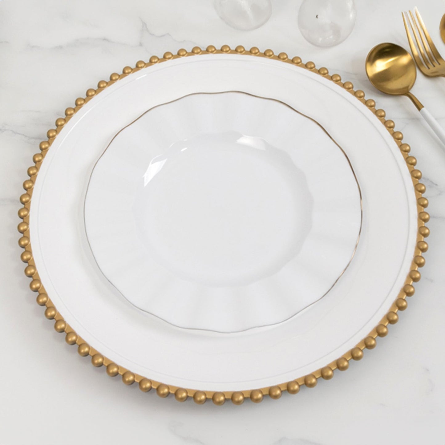 6-Pack Acrylic Round Charger Plates 13" in White with Gold Beaded Rim, Decorative Dinner Party Charger Tableware