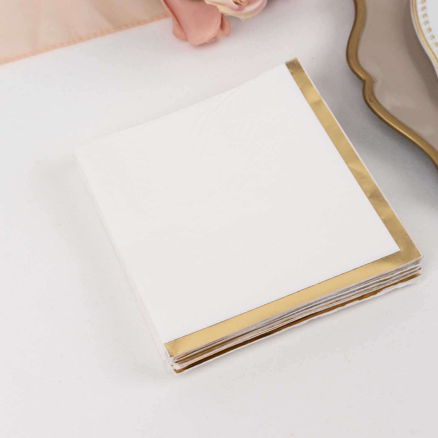 50-Pack Paper Beverage Napkins White with Gold Foil Edge - 2 Ply Disposable Soft 18GSM Cocktail Napkins for Events 5"x5"