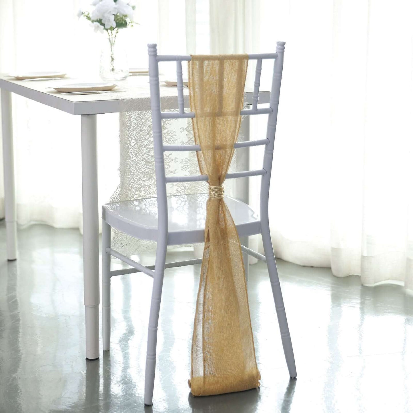 5 Pack Jute Faux Burlap 6"x108" Chair Sashes Gold - Boho Chic Linen Decor for Weddings & Gatherings