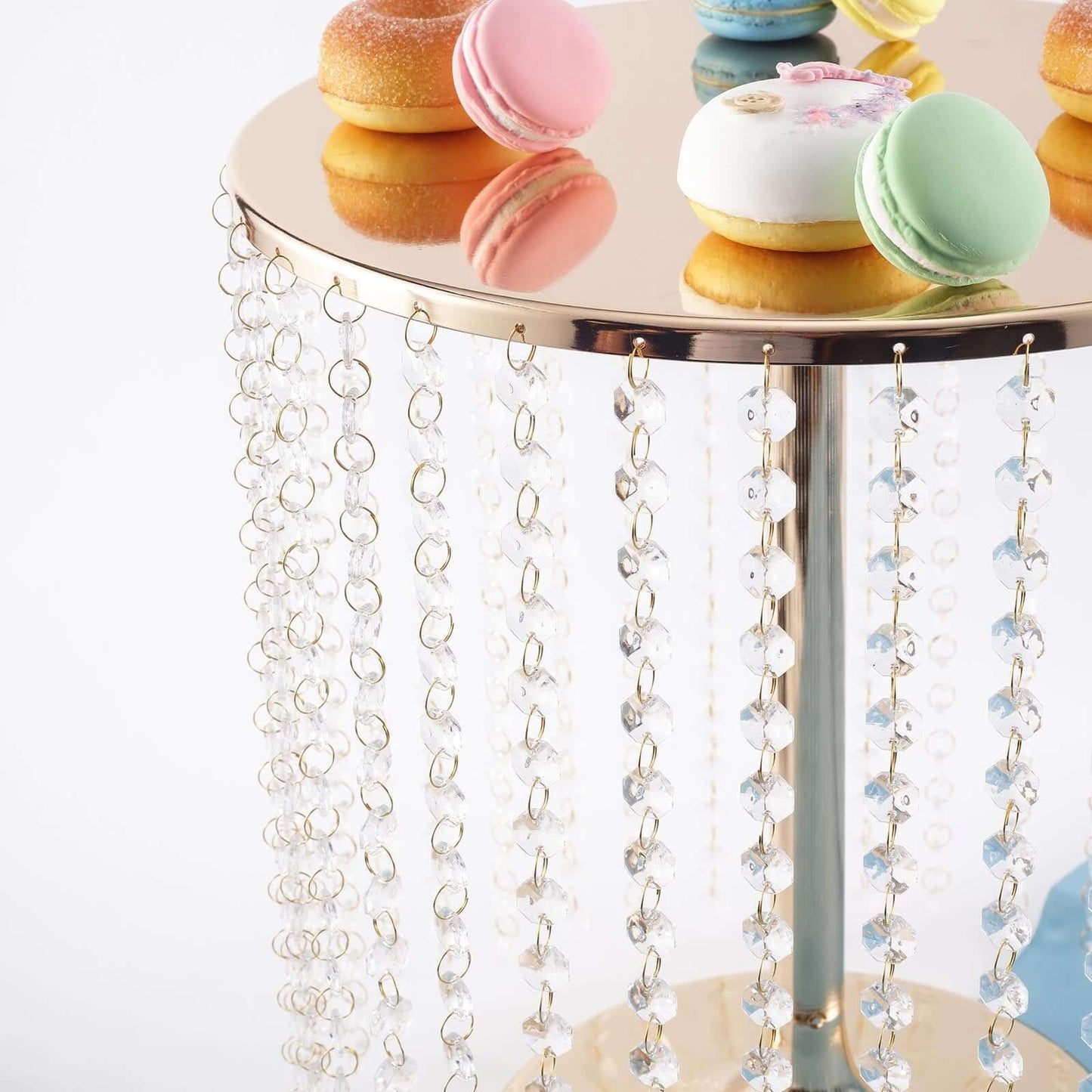 Metal Cake Stand Round Design Metallic Gold with Crystal Chains 14" Dia - Cupcake Dessert Pedestal 16"Tall