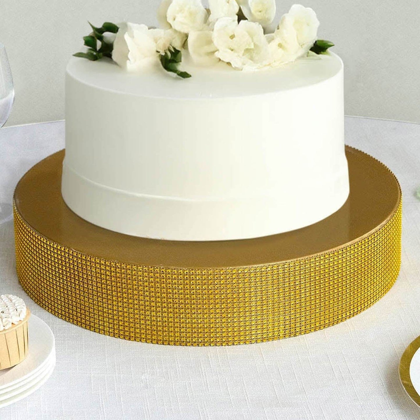 Metal Pedestal Cake Stand Round Design with Rhinestones Gold - Cupcake Holder and Dessert Table Centerpiece 16"