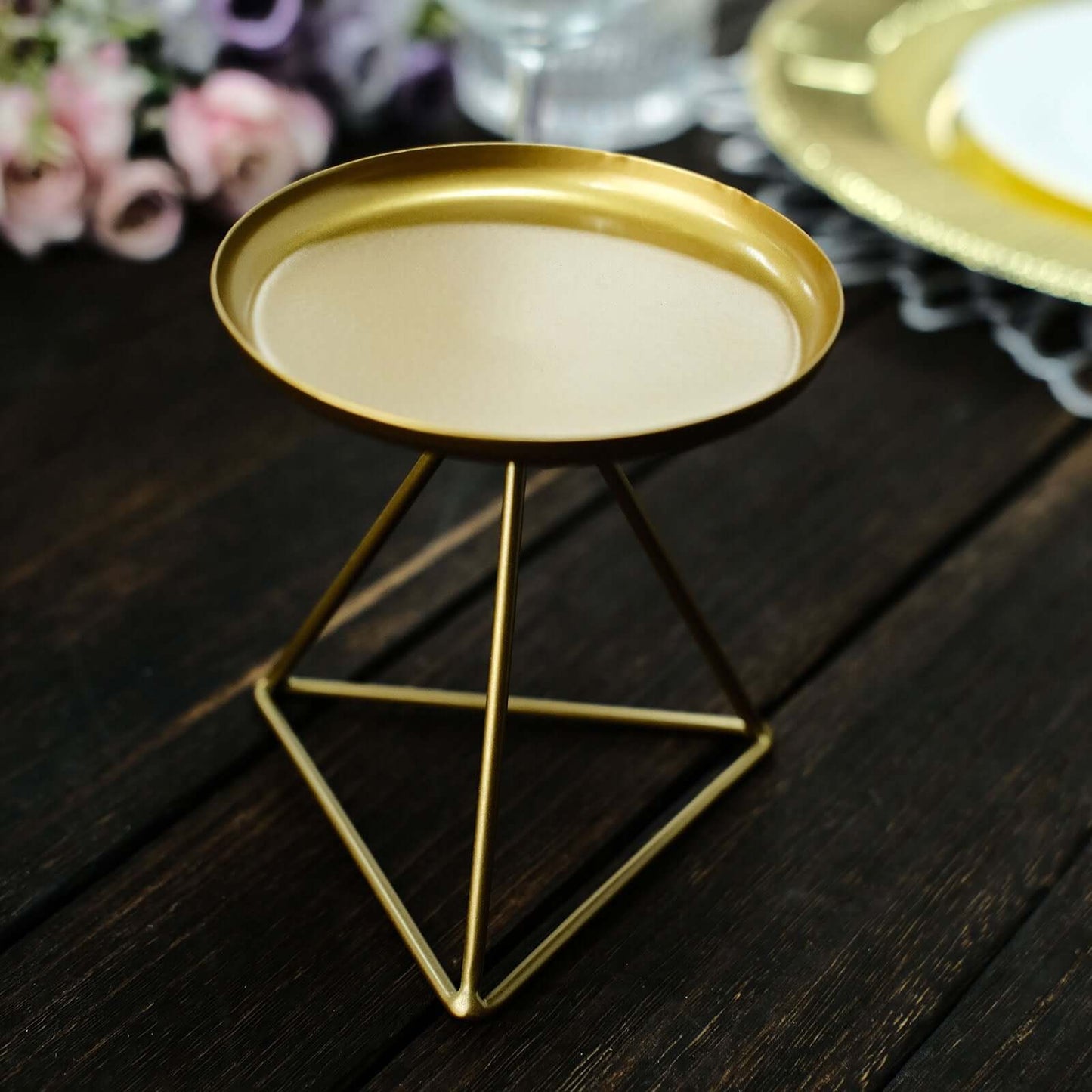 2-Pack Pillar Candle Holders Gold Metal Geometric Triangle Base Design - Decorative Centerpiece 5"