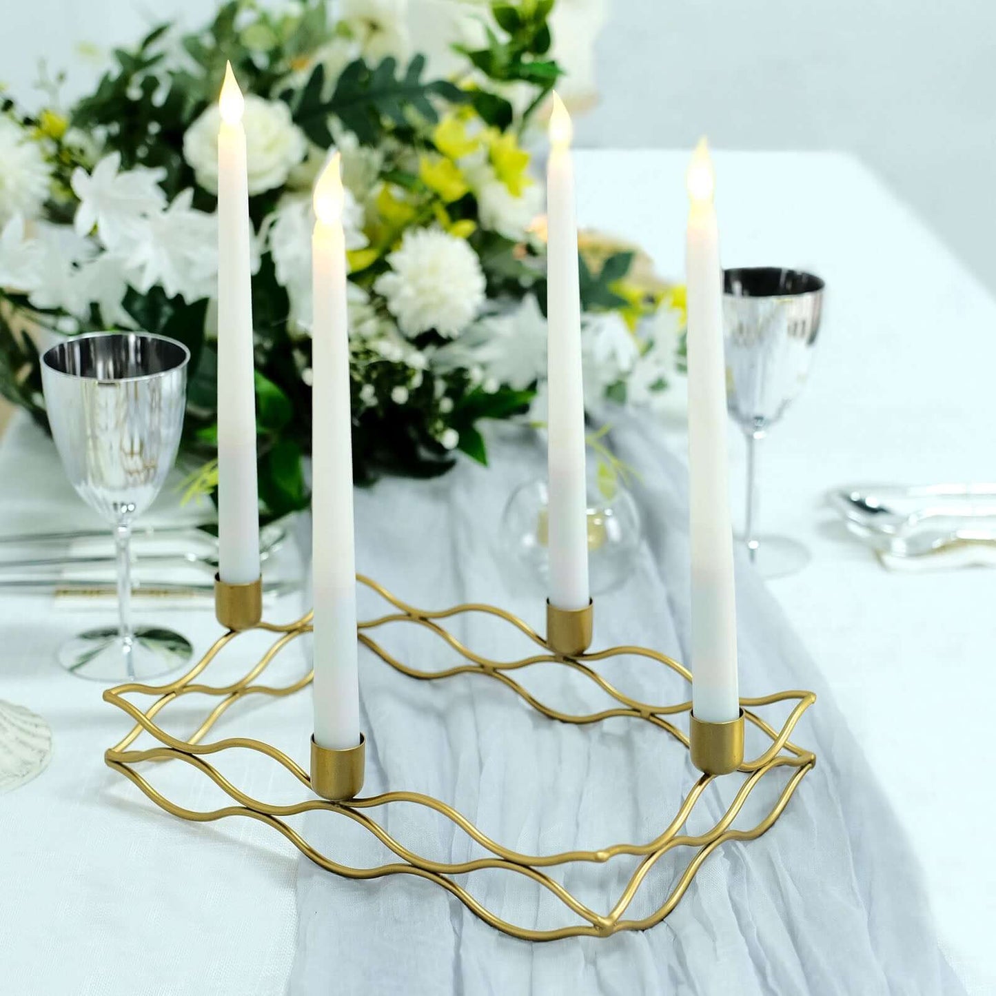 Rectangular Taper Wreath Candelabra 4 Arm Gold Metal Candle Holder Centerpiece - Stylish Wedding Decor 12"x8"