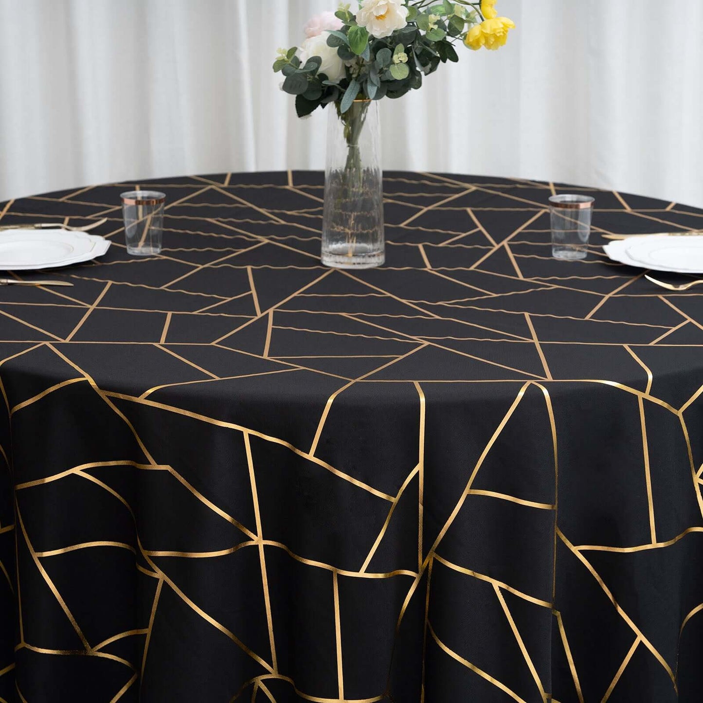 Polyester 120" Round Tablecloth Black with Gold Foil Geometric Pattern Wrinkle-Resistant Seamless Table Cover