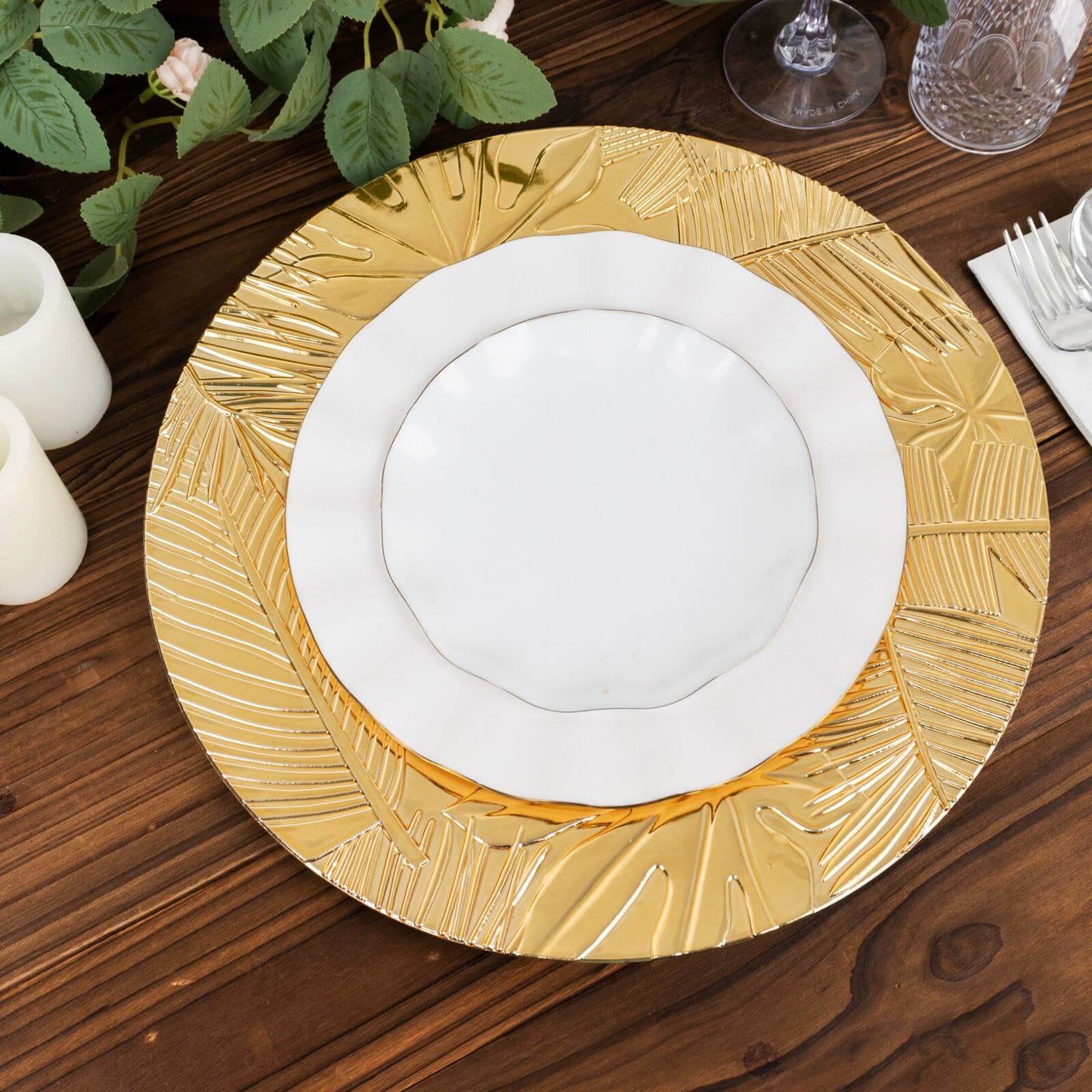 6-Pack Acrylic Round Charger Plates 13" in Metallic Gold with Embossed Tropical Leaves, Decorative Dinner Charger Tableware