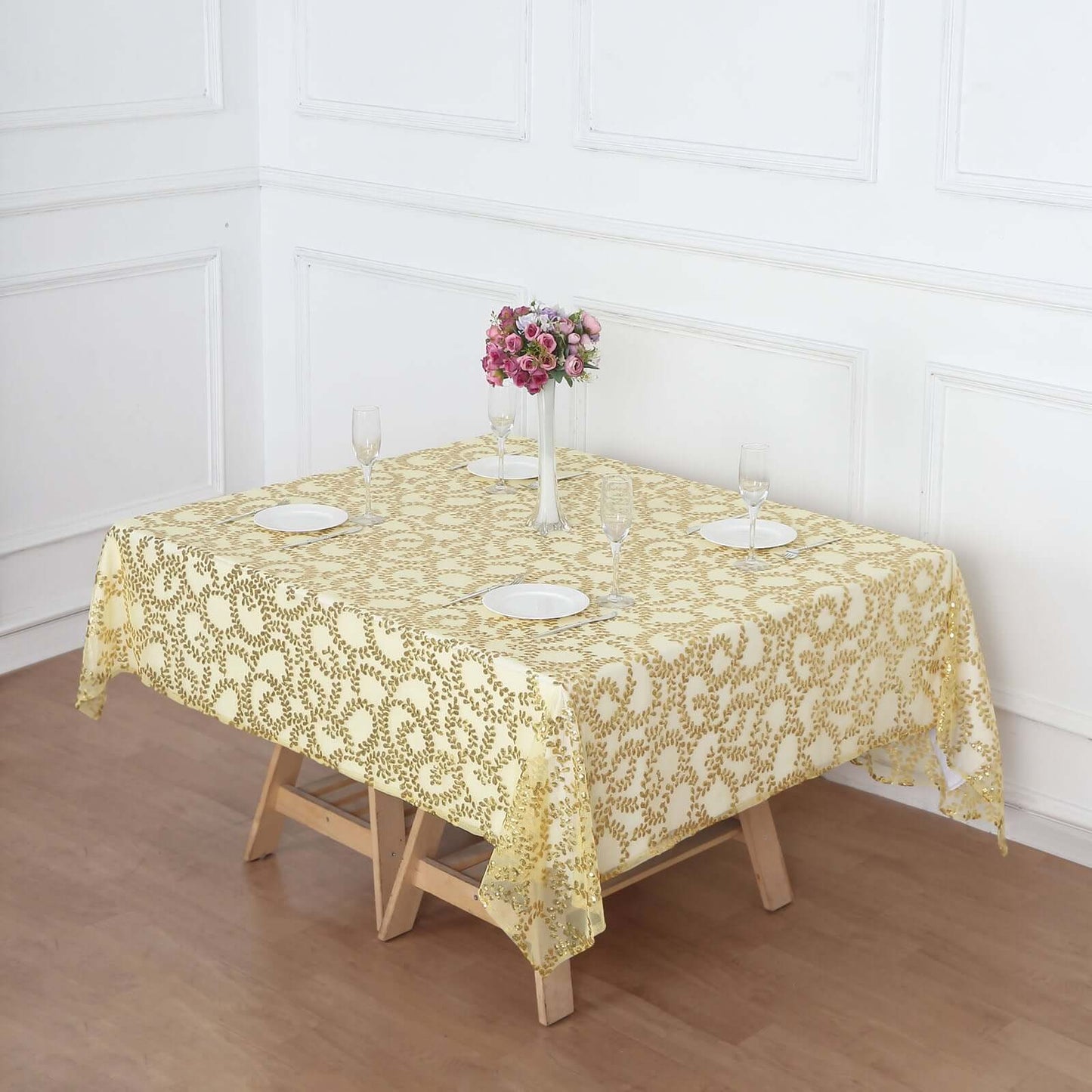 Tulle 72"x72" Table Overlay Square Tablecloth Gold - Sequin Leaf Embroidered Design for Stylish Occasions