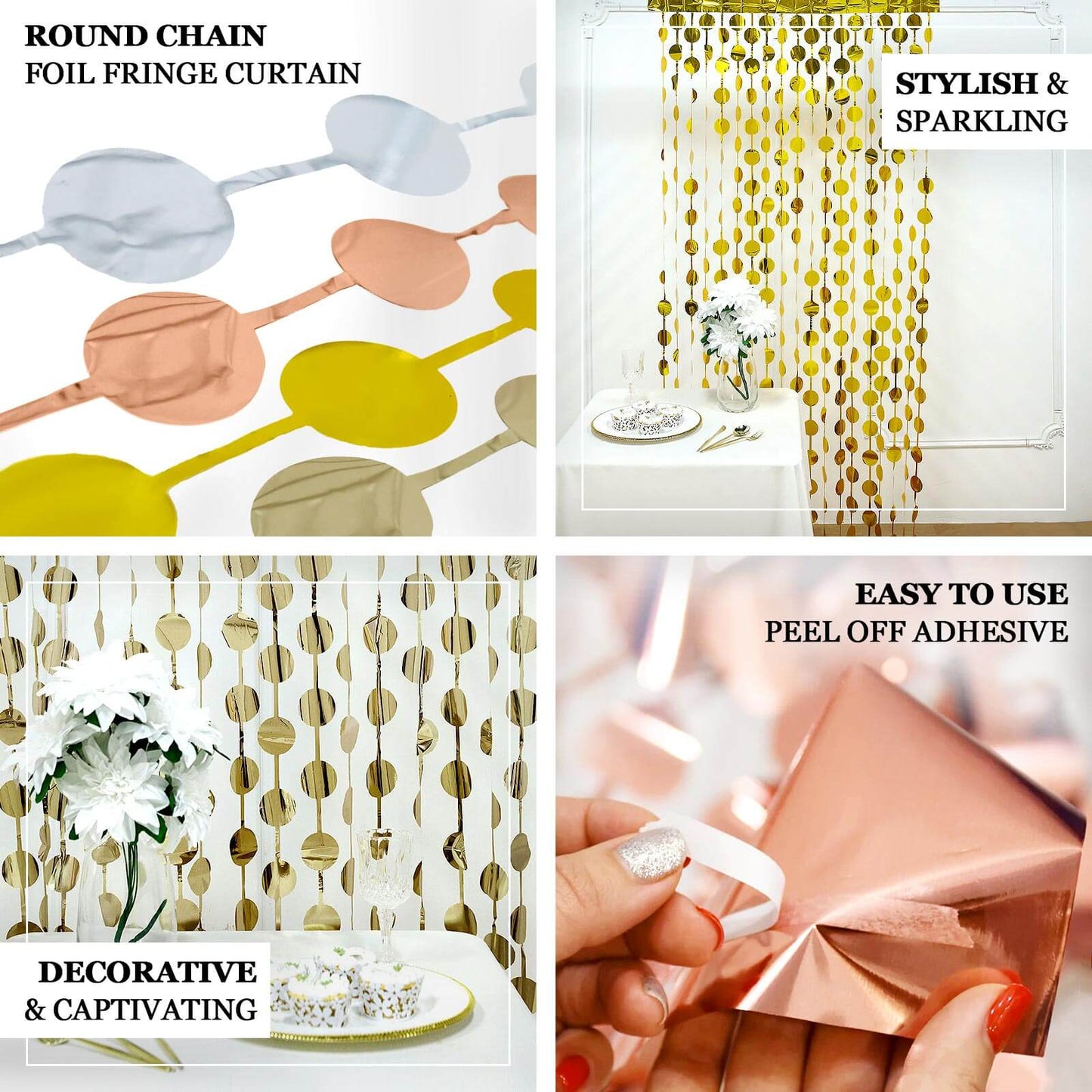 Gold Round Chain Foil Fringe Curtain Party Backdrop, Metallic Gold Tinsel Streamer Party Decor - Door Window Foil Curtain - 3ftx6.5ft