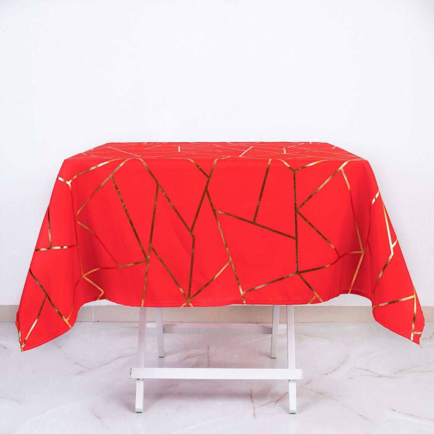 Polyester 54"x54" Square Tablecloth Red with Gold Foil Geometric Pattern - Wrinkle-Resistant & Durable Table Cover