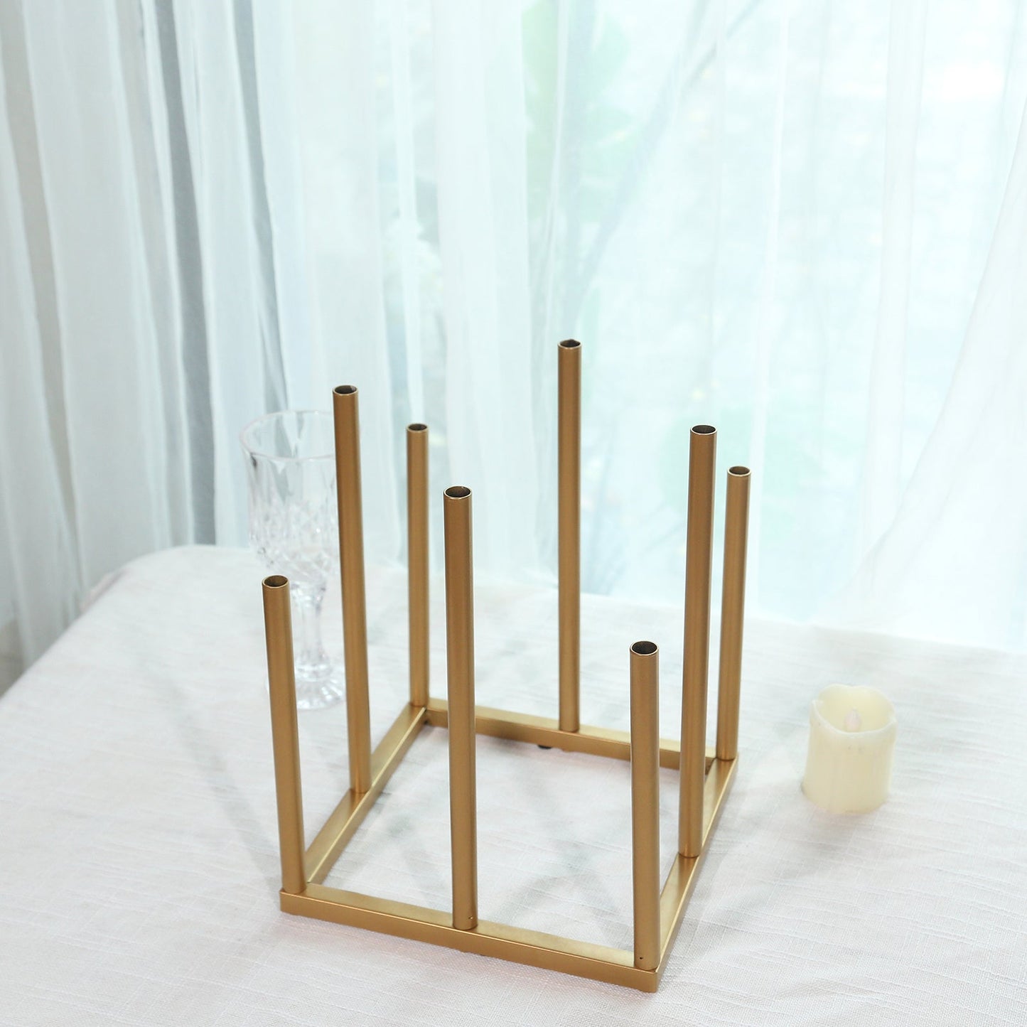 Flower Vase Gold Metal Minimalist 8-Tubes Square Base Design - Single Stem Bud Centerpiece for Arrangements 10"