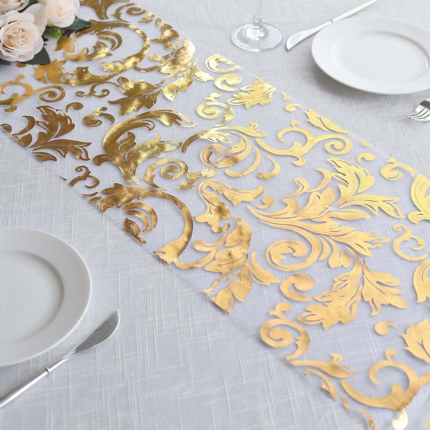 Sheer Organza 12"x108" Table Runner Roll Metallic Gold Foil Floral Swirl Design - Disposable Stylish Event Decoration