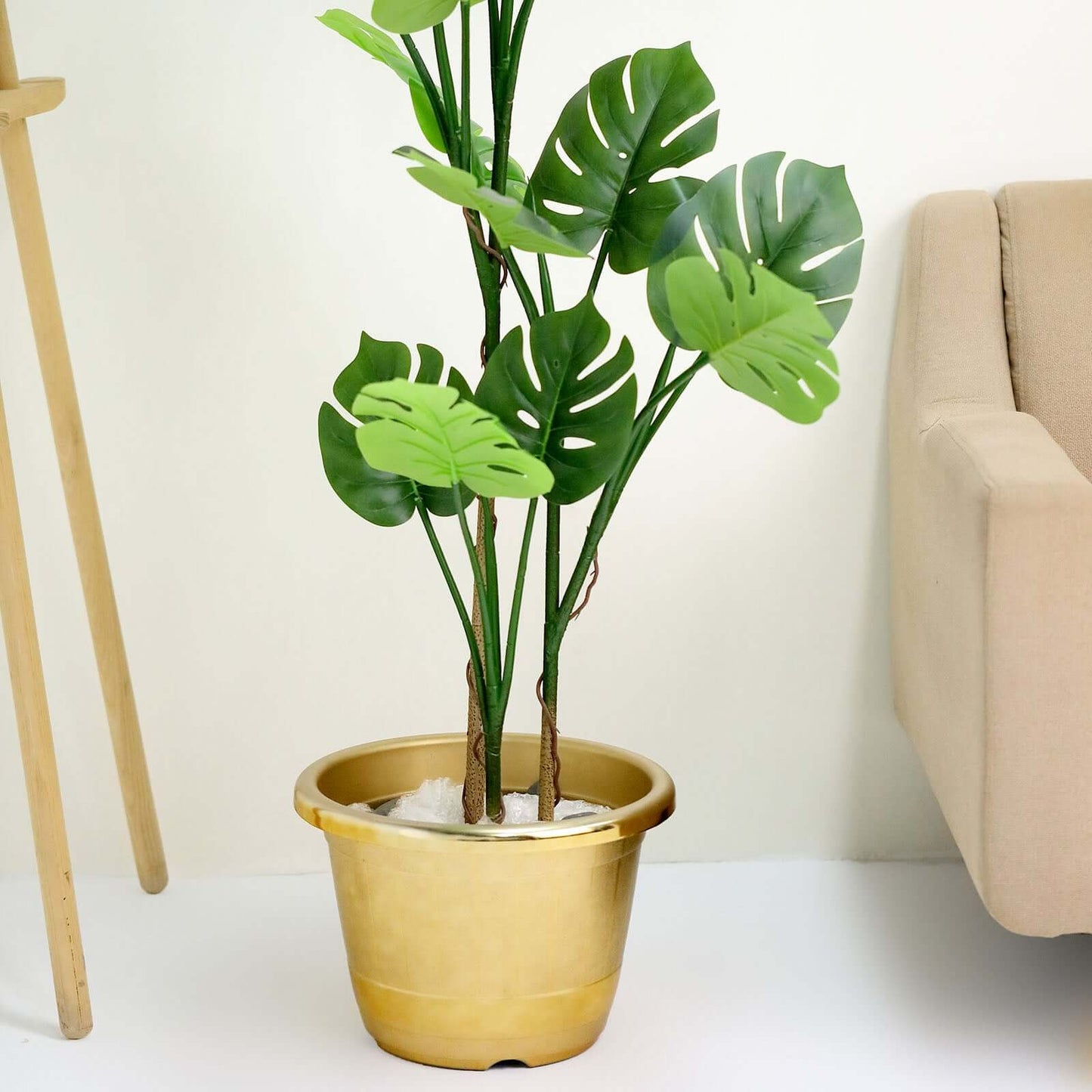 14" Gold Shiny Finished Rim Large Barrel Planter Pot, Indoor Outdoor Decorative Flower Pot