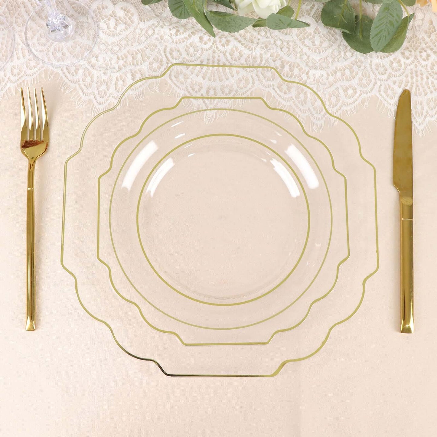 10-Pack Plastic Dessert Appetizer Plates in Clear Baroque Design with Scalloped Gold Rim - Heavy Duty Disposable Salad Plates 8"