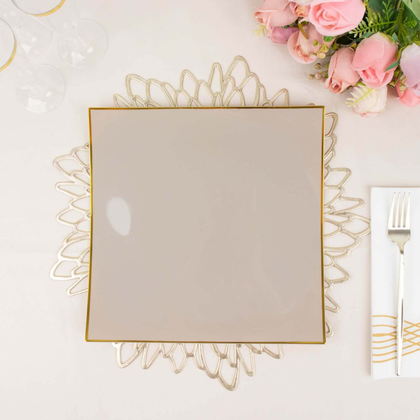 10-Pack Plastic 10" Square Dinner Plates in Taupe Concave Style with Gold Rim - Modern Disposable Party Plates