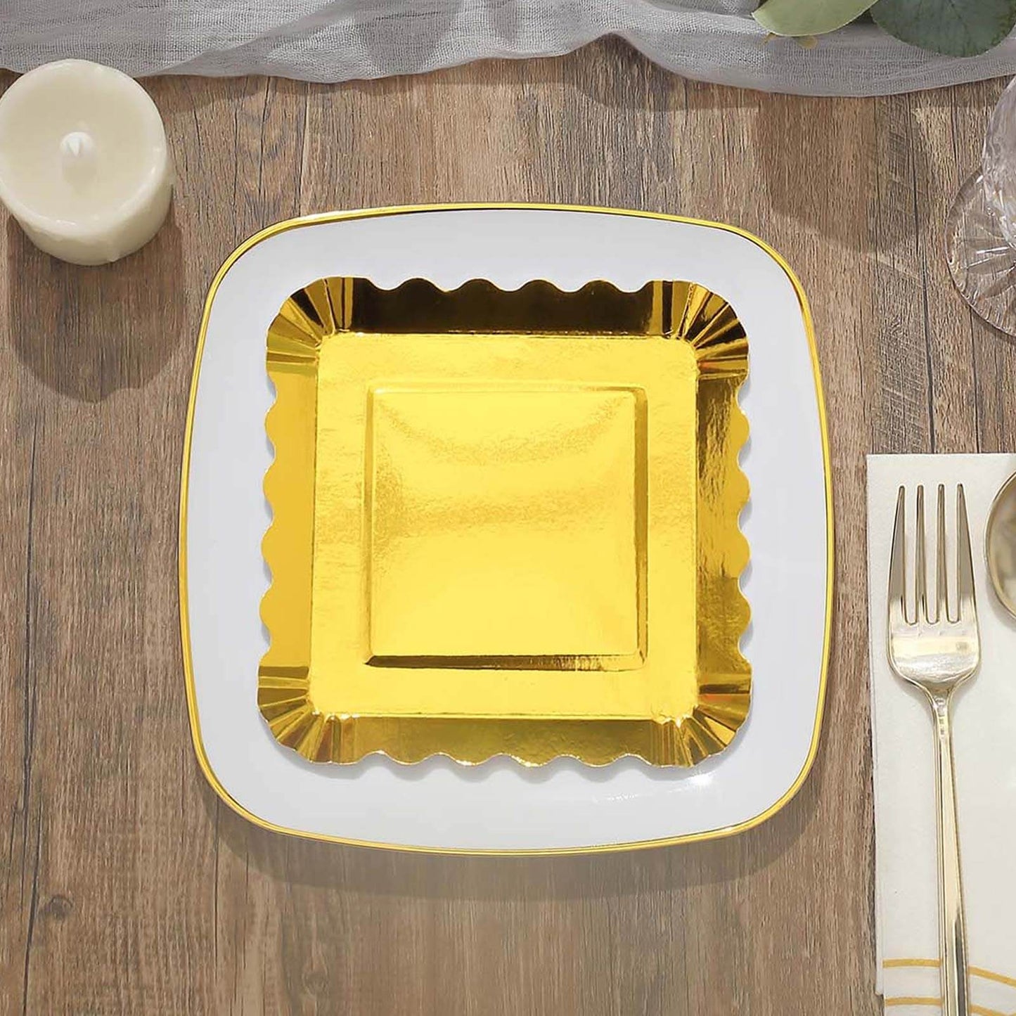 50-Pack Paper 5" Square Dessert Plates in Gold Foil with Scalloped Rim - Disposable Appetizer Plates for for Glam Gatherings & Special Occasions