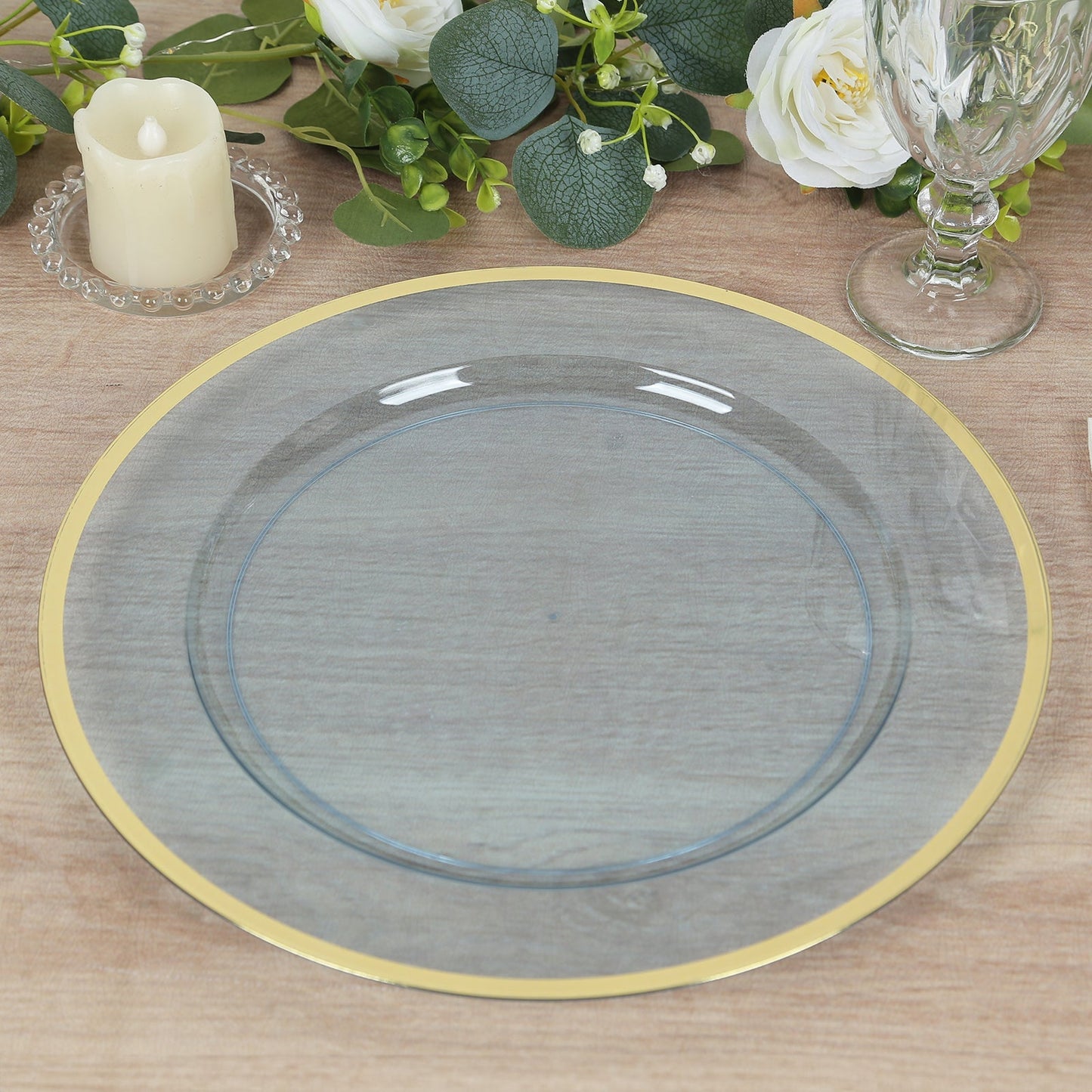 10-Pack Economy Plastic Round Charger Plates 12" in Transparent Dusty Blue with Wide Gold Rim, Decorative Dinner Party Serving Plates