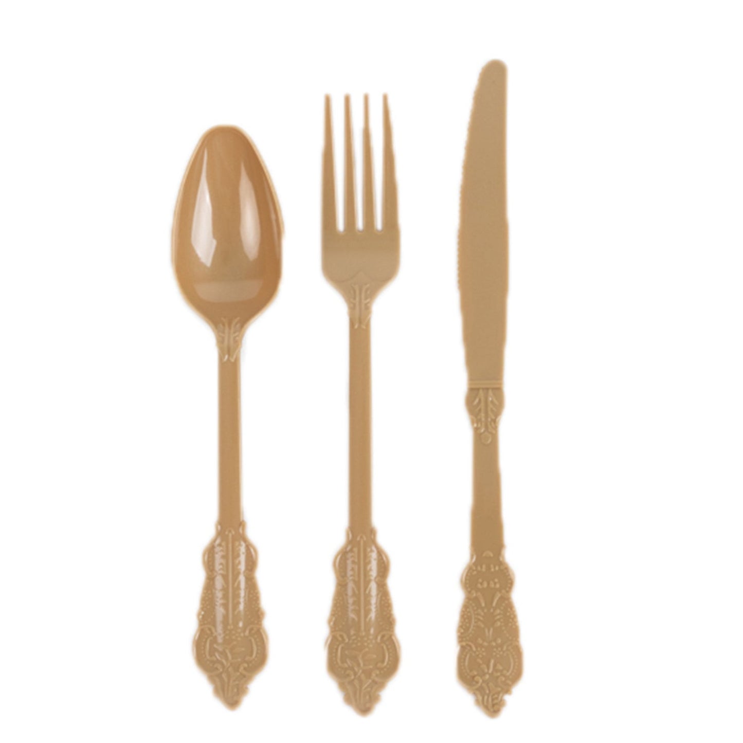 72 Pcs Plastic Silverware Set in Baroque Style Matte Gold - Heavy Duty Disposable Knife, Fork, and Spoon Set