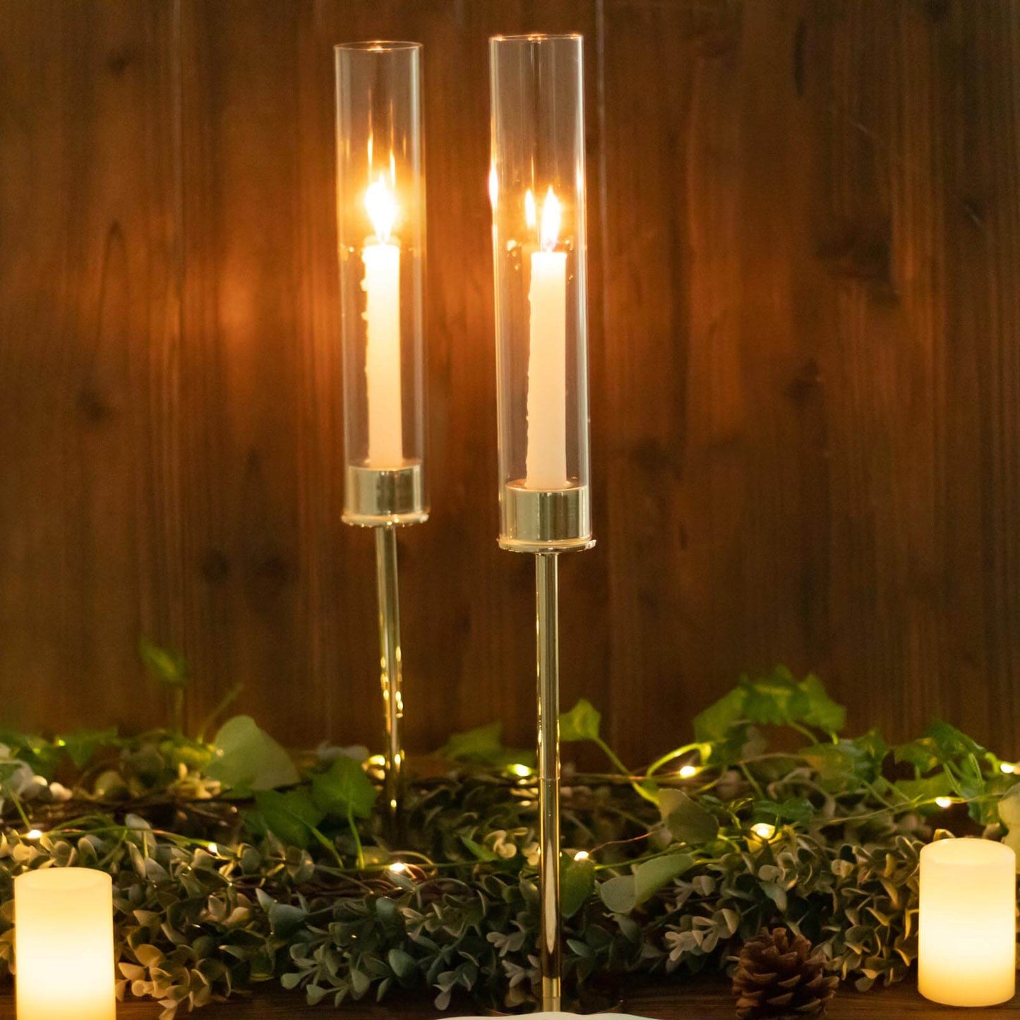 2-Pack Gold Metal Taper Candlestick Holders, Clear Glass Hurricane Candle Stands With Chimney Candle Shades 20"