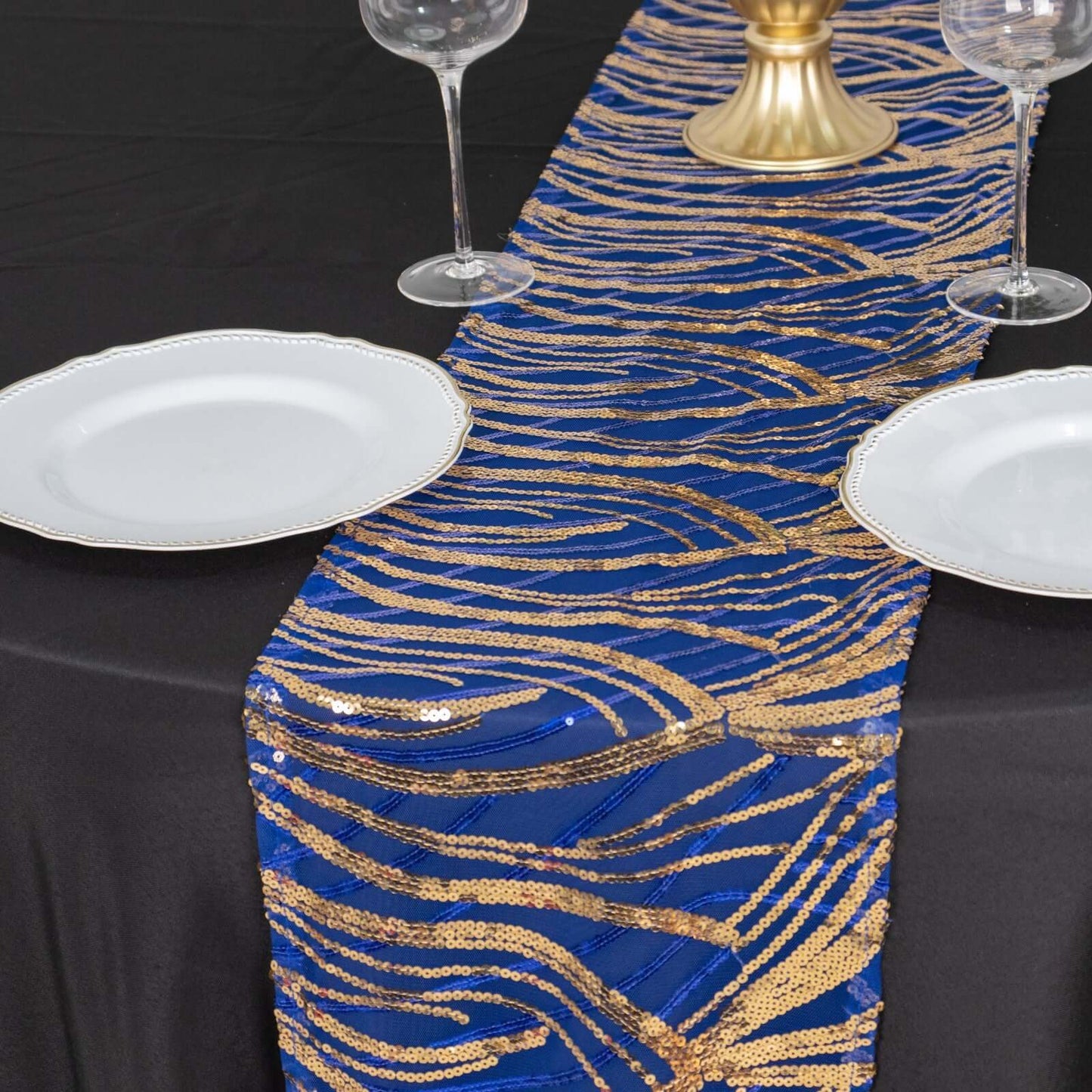 Sequin Mesh 12"x108" Table Runner Royal Blue/Gold Stylish Wave Embroidery