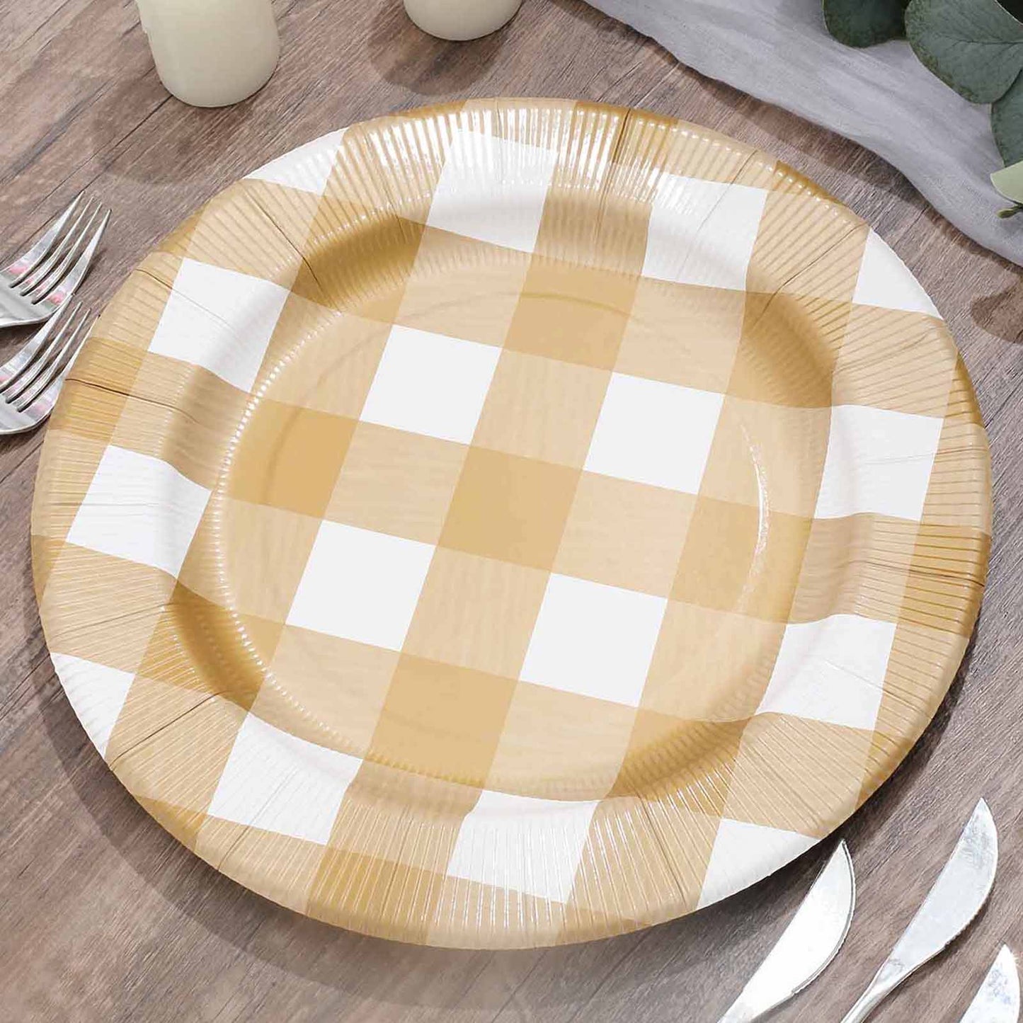 10-Pack Disposable Paper Charger Plates â€“ Gold/White Buffalo Plaid 13" Round Table Chargers, 350 GSM Cardstock