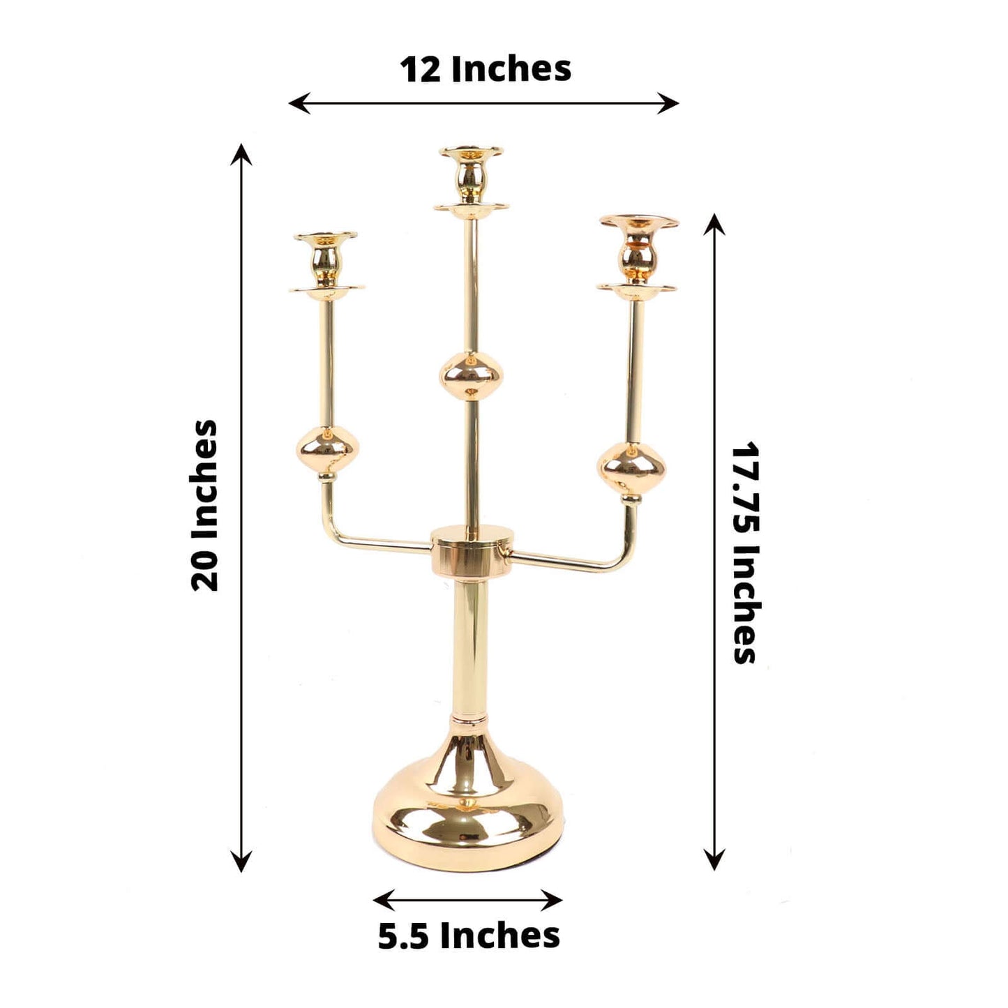 3-Arm Taper Candelabra Candle Holder Stand Gold Metal Wedding Centerpiece - Decorative Display 20"