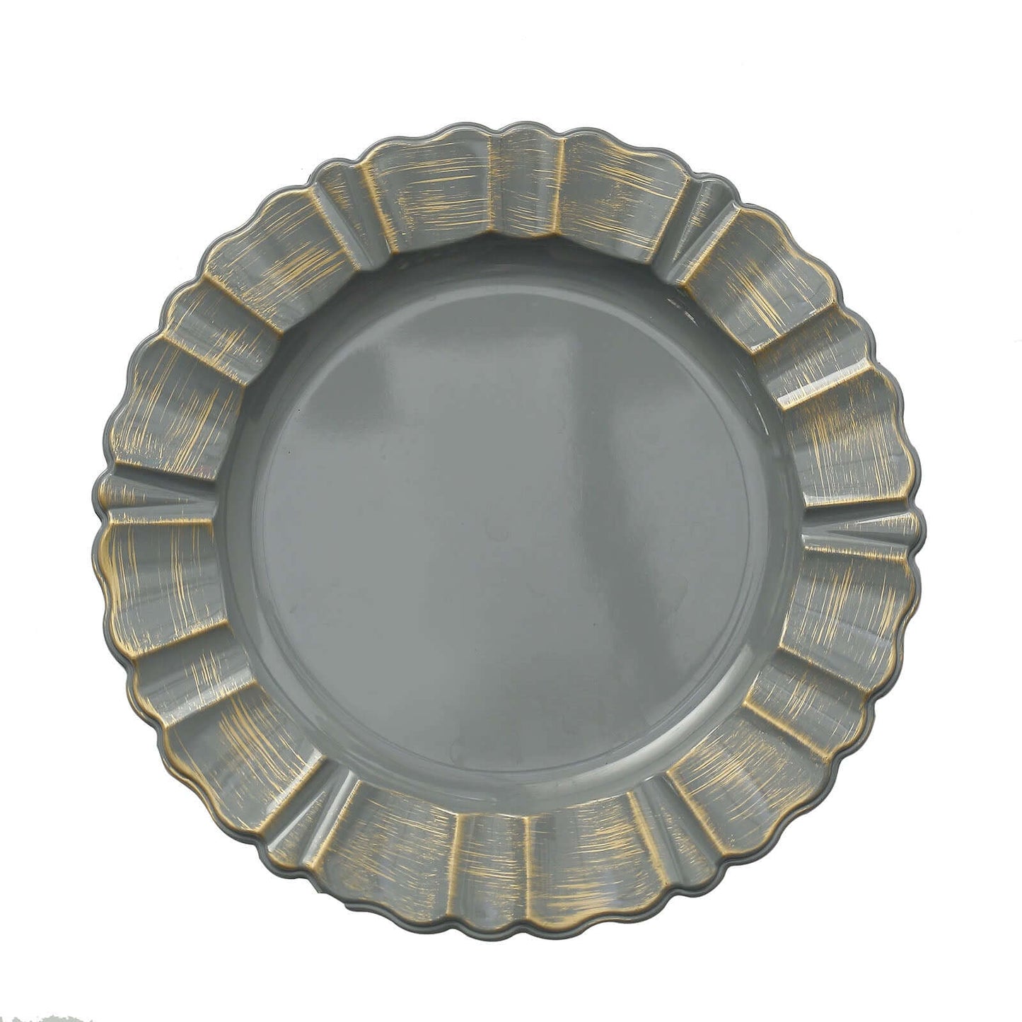 6-Pack Acrylic Plastic Round Charger Plates 13" in Charcoal Gray with Gold Brushed Wavy Scalloped Rim, Decorative Dinner Party Charger Tableware