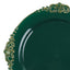 10-Pack Plastic 10" Round Dinner Plates in Hunter Emerald Green with Gold Leaf Embossed Rim - Disposable Vintage Baroque Style Plates