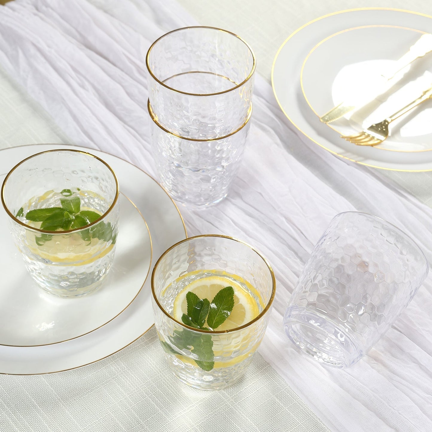 12-Pack Plastic Tumblers Reusable Hammered Cups 14oz â€“ Clear with Gold Rim â€“ Shatterproof Cocktail Drinkware