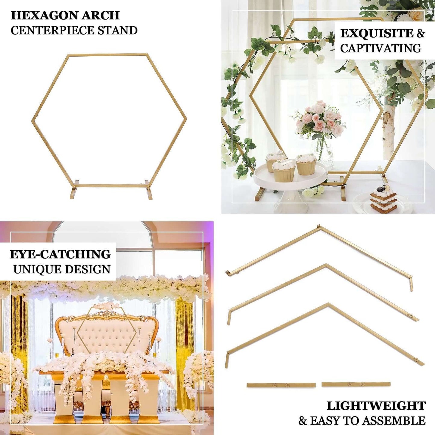 Hexagon Wedding Arch Table Centerpiece Metal Gold - Self-Standing Geometric Flower Balloon Stand 21"