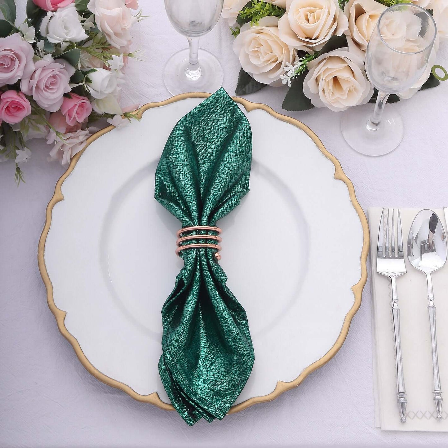 5 Pack Polyester 20"x20" Napkins Hunter Emerald Green Shimmer Sequin Dots - Luminous Cloth Napkins