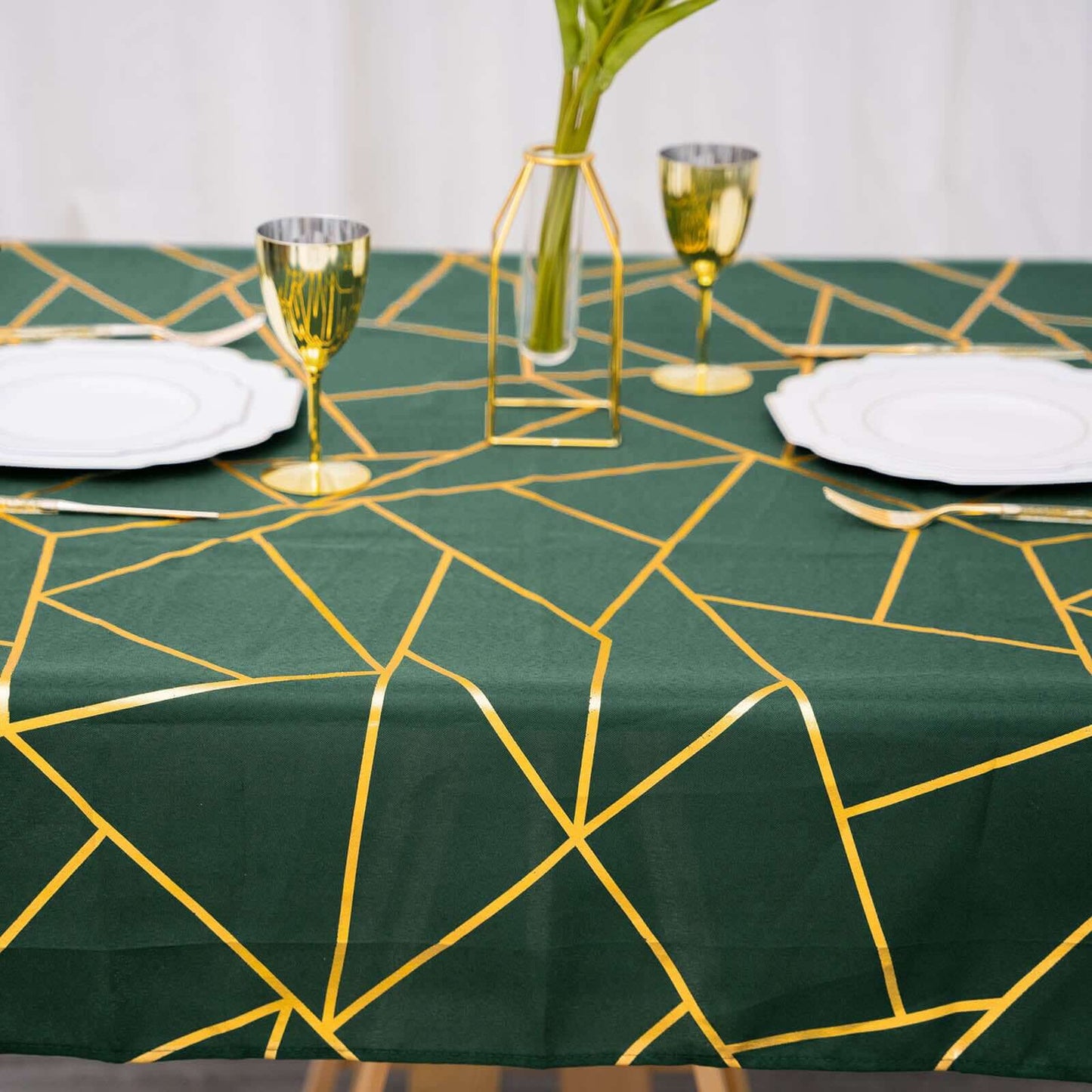 Polyester 54"x54" Table Overlay Square Tablecloth Hunter Emerald Green with Gold Foil Geometric Pattern - Wrinkle-Resistant & Durable Table Topper
