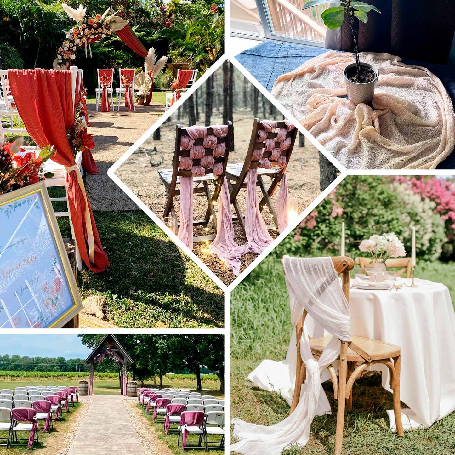 5 Pack Cheesecloth Gauze 16"x88" Chair Sashes Ivory - Stylish Boho Decor for Weddings & Gatherings