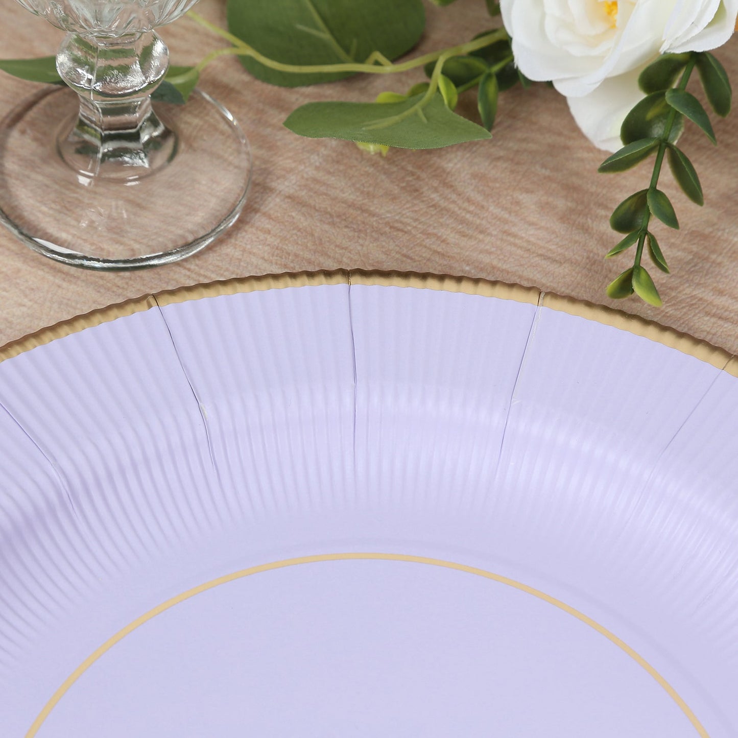 25-Pack Disposable Round Charger Plates in Lavender Lilac Sunray Design with Gold Rim - 350GSM Heavy Duty Paper Chargers 13"