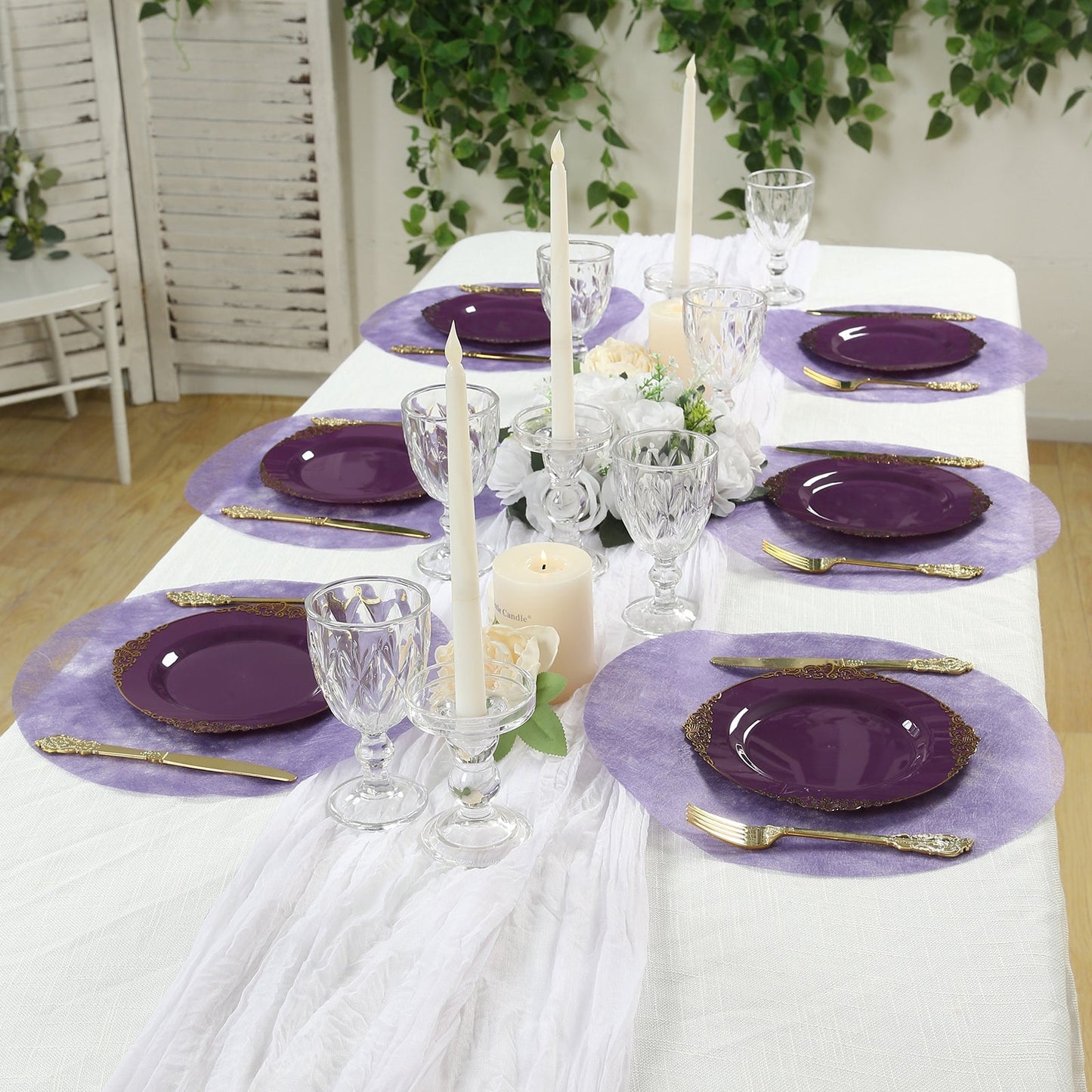 50 Pack Disposable Lavender Lilac Placemats, 13" Non-Woven Mesh Fiber Round Table Mats for Dining & Events
