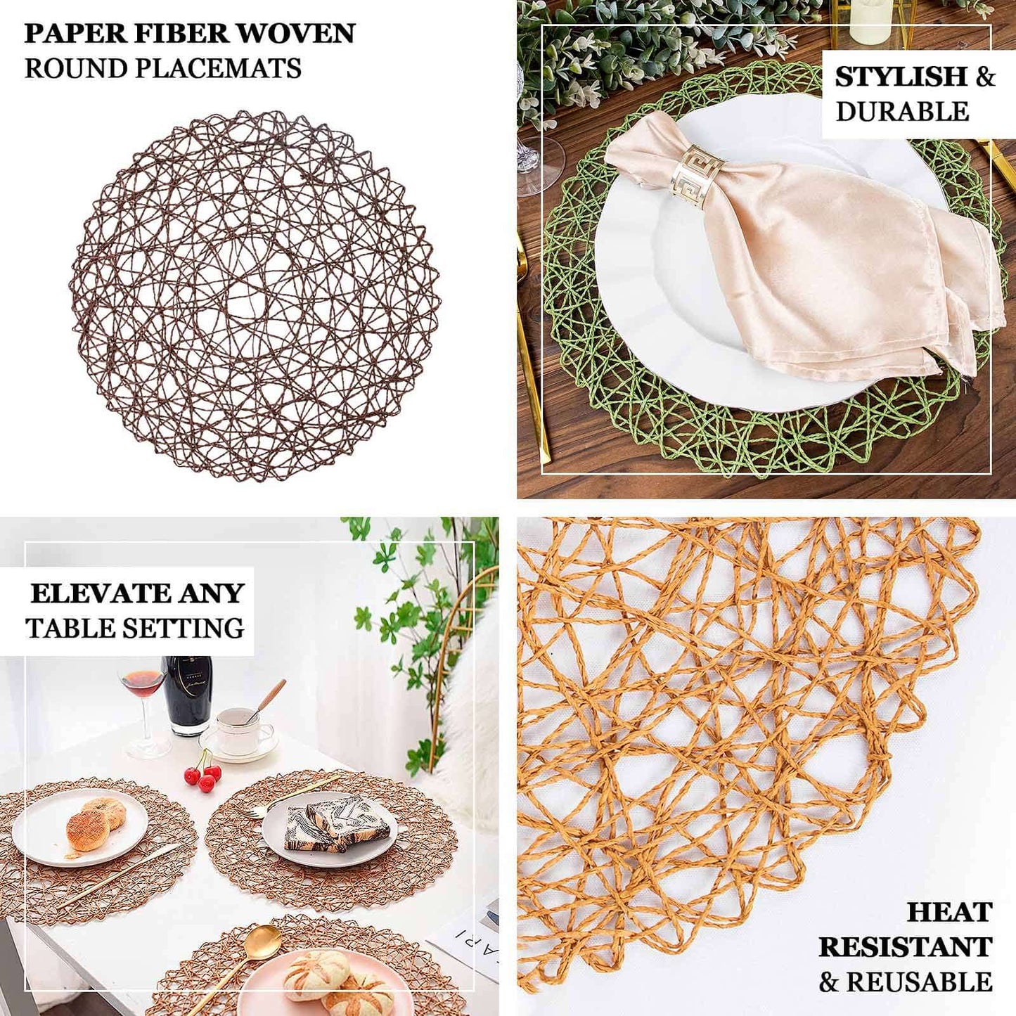 6-Pack Table Placemats Woven Fiber Design Lavender Lilac Round - Disposable Mats for Dining and Events 15"