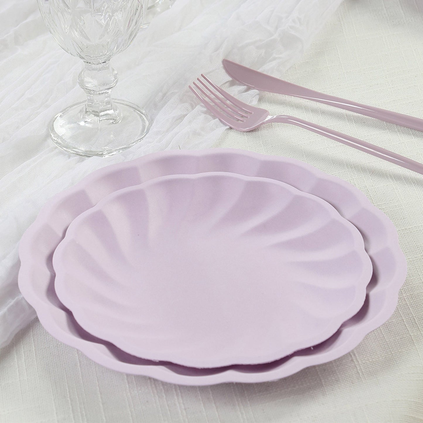 20 Pack Biodegradable Salad Plates in Lavender Lilac â€“ 7" Swirl Scalloped Pastel Color Compostable Bamboo Dessert Plates, Elegant Disposable Tableware