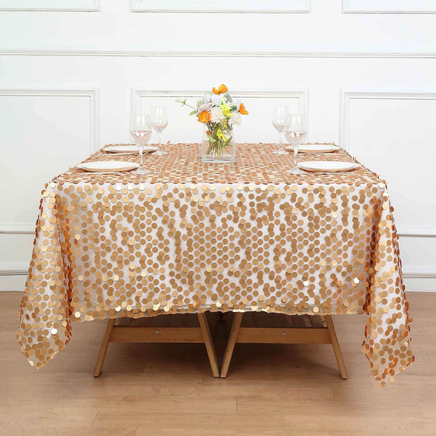 Sequin 72"x72" Table Overlay Square Tablecloth Matte Champagne - Big Payette Table Cover