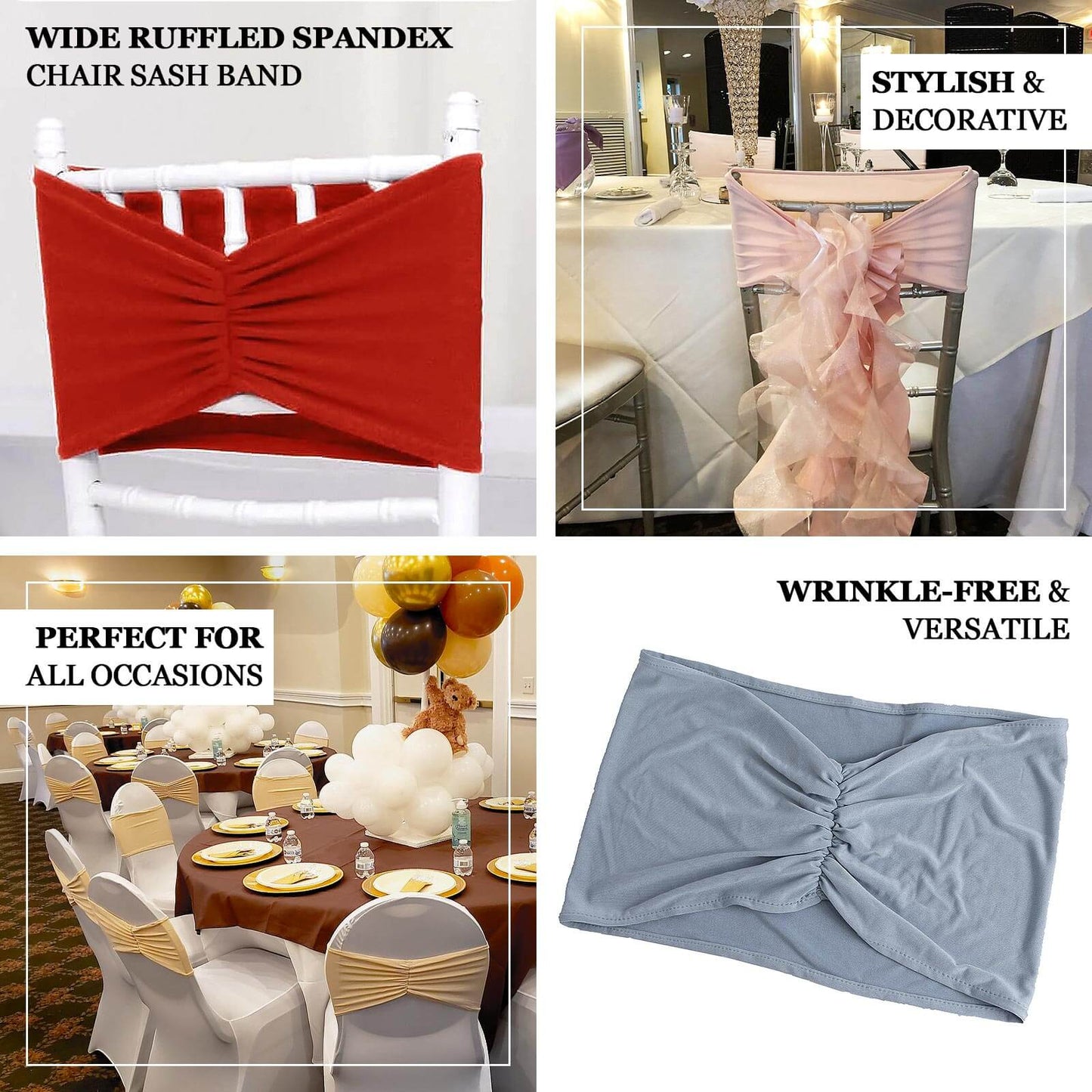 5 Pack Spandex Chair Sashes Navy Blue Ruffled Style - Wide Easy to Use Stretch Chair Bands 8"x13"