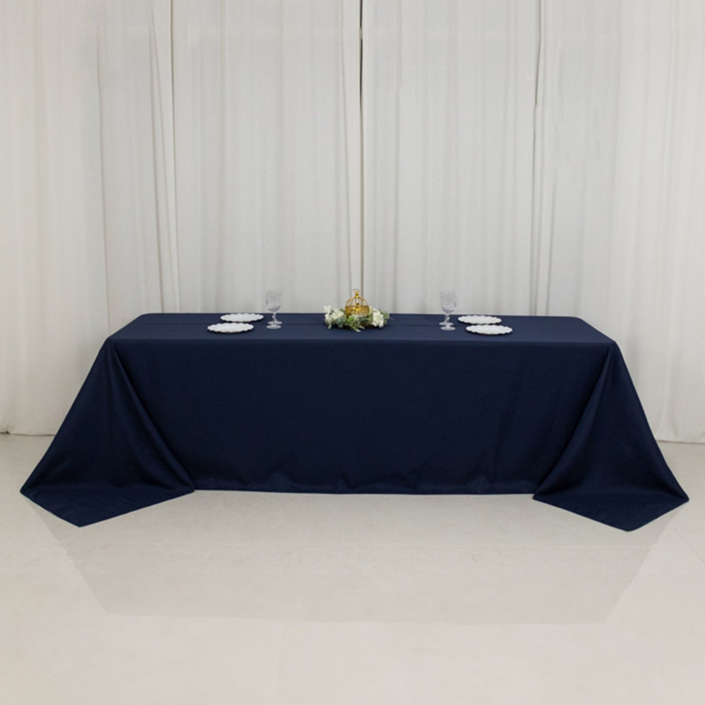 Fire Retardant Premium Polyester 90"x156" Rectangular Tablecloth Navy Blue - High-Performance Seamless Table Cover