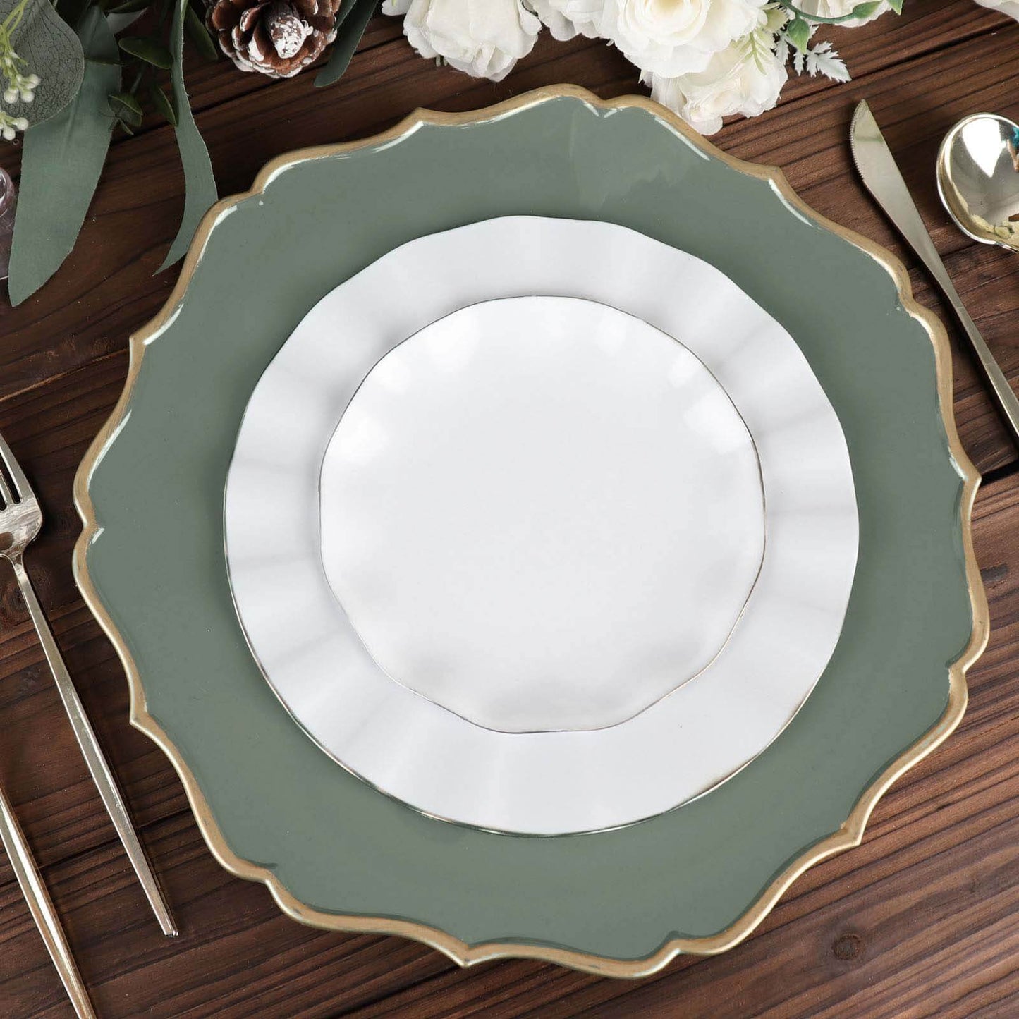6-Pack Acrylic Round Charger Plates 13" in Olive Green with Gold Scalloped Rim, Decorative Dinner Party Plastic Charger Tableware