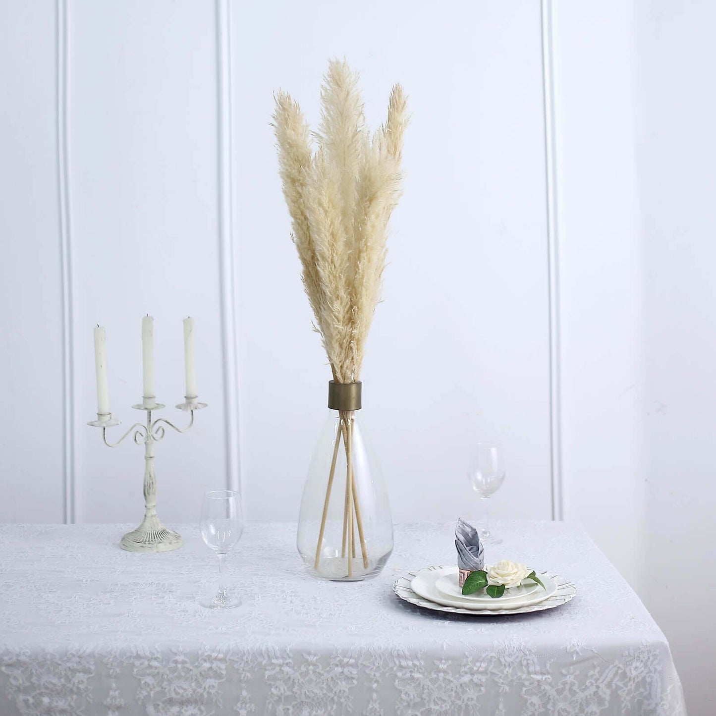6 Stems Natural Dried Pampas Grass Decor Wheat Tint - Tall Plant Sprays for Boho Chic Vase Displays Backdrops & Event Styling 49"
