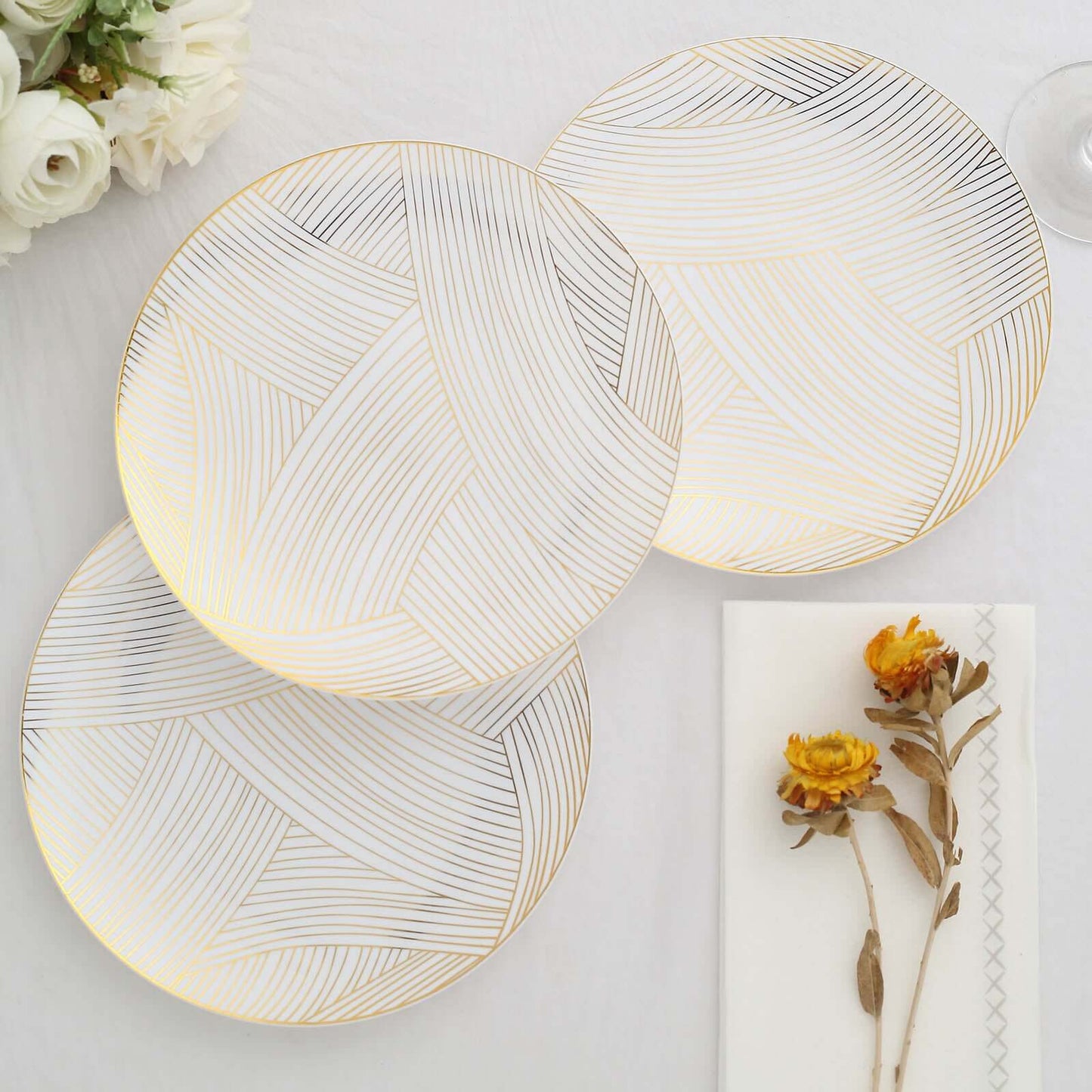 10-Pack Plastic 7" Round Dessert Plates in White with Gold Wave Brush Strokes Pattern - Disposable Appetizer Salad Plates for Modern & Classy Table Decor