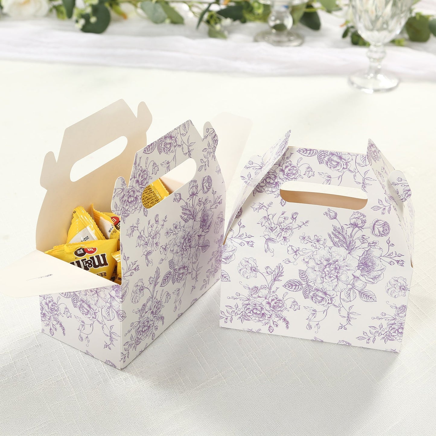 25 Pack Candy Treat Tote Boxes in French Toile Pattern - Matte Lavender and White Party Favor Gable Boxes, Cardstock Paper - 6"x3.5"x7"