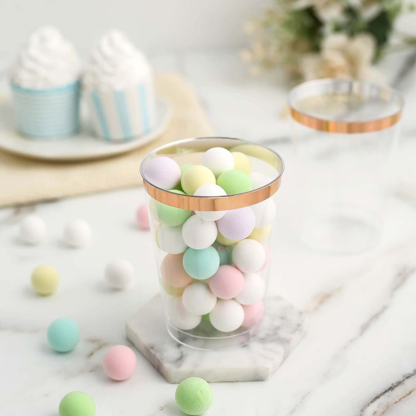 12-Pack Plastic Party Cups Clear with Rose Gold Rim - Durable Disposable Tumblers for Banquets & Special Occasions 10oz