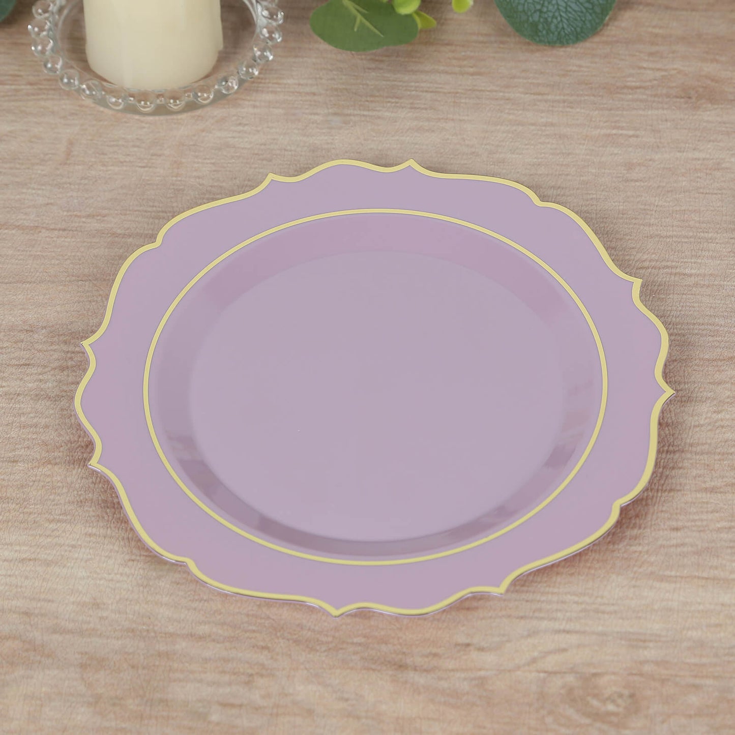 10-Pack Plastic 8" Round Dessert Plates in Lavender Lilac with Gold Scalloped Rim - Disposable Appetizer/Salad Plates