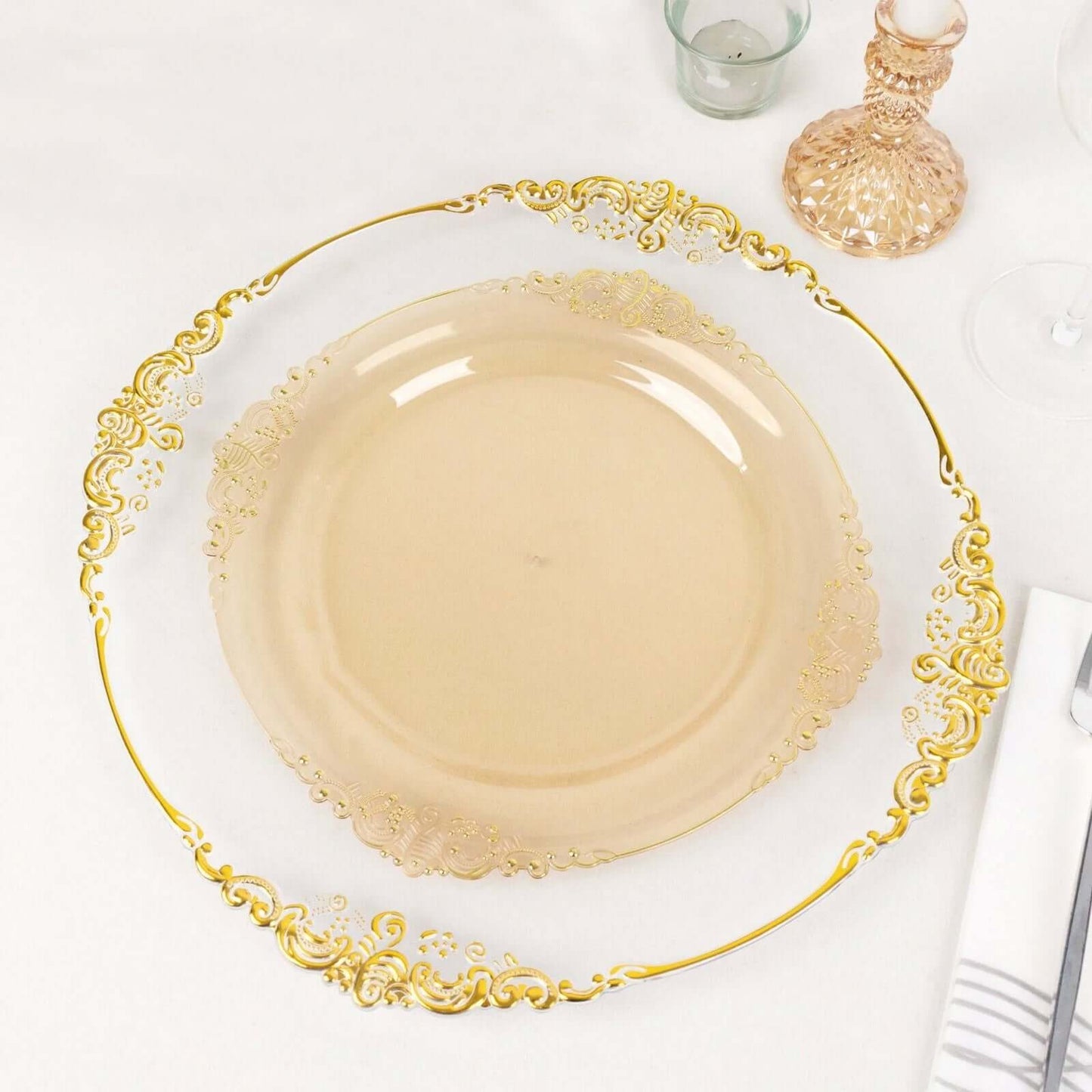 10-Pack Plastic 10" Round Dinner Plates in Transparent Amber Gold with Gold Leaf Embossed Rim - Disposable Vintage Baroque Style Plates