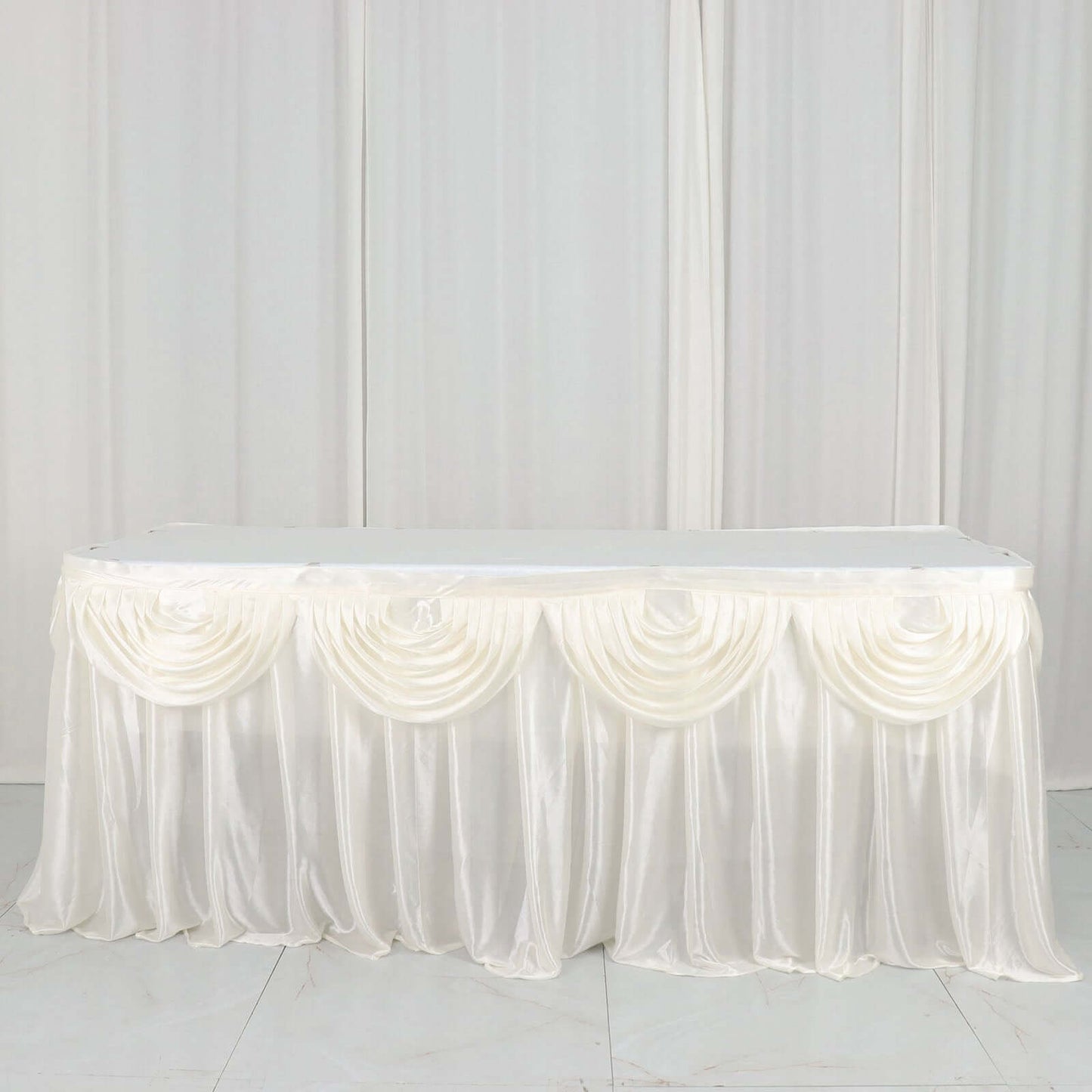 Satin 14ft Table Skirt Ivory - Pleated Double Drape Table Cover
