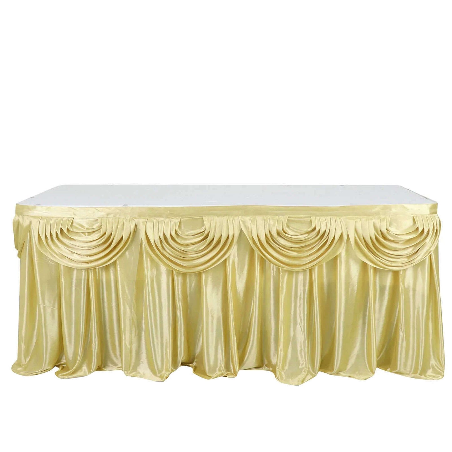 Satin 14ft Table Skirt Champagne - Pleated Double Drape Table Cover