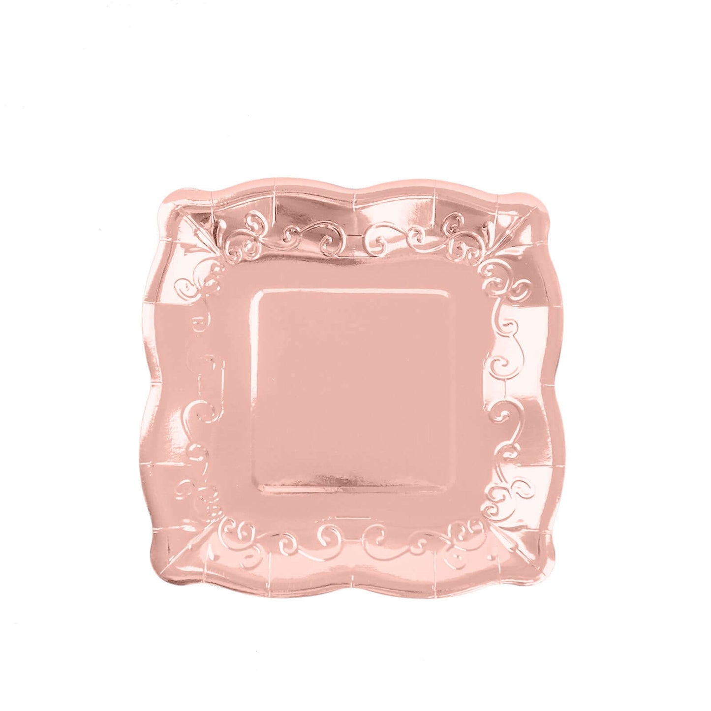 25-Pack Paper 7" Square Dessert Plates in Rose Gold with Vintage Pottery Embossed Design - Shiny Metallic Disposable Appetizer Plates